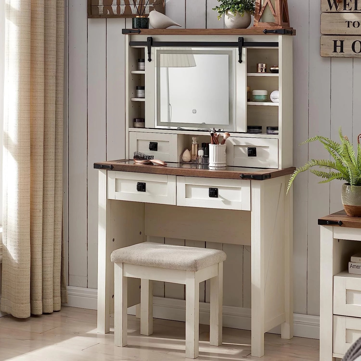 OKD Farmhouse Rustic Vanity Set with Sliding Mirror and Lights, Makeup Vanity Table Desk for Bedroom, 4 Drawers and Adjustable Shelves, White
