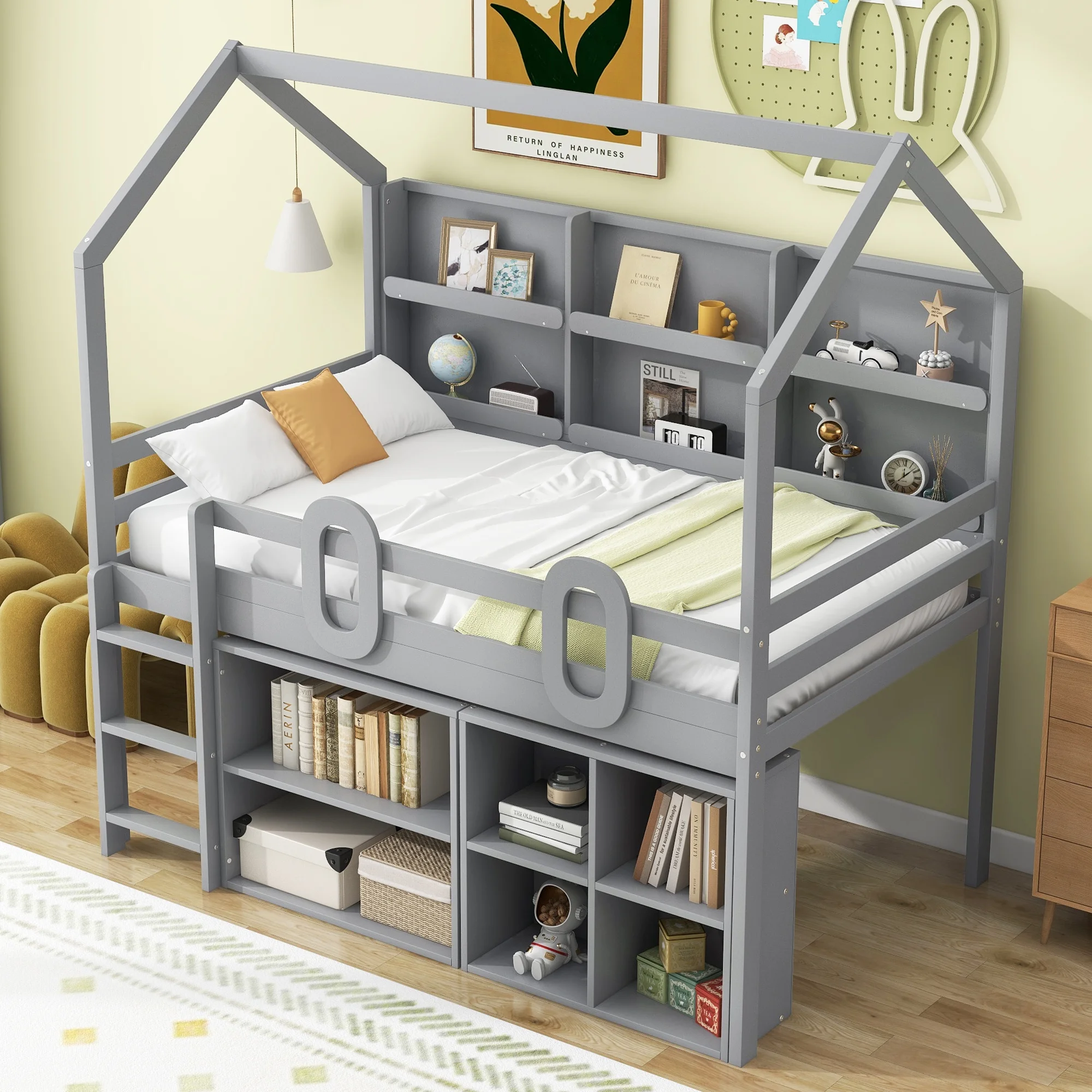 Twin House Bed with Multiple Storage Shelves, Solid Wood Loft Bed Frame with Safety Guardrail for Teenagers and Adults(Gray, Twin)