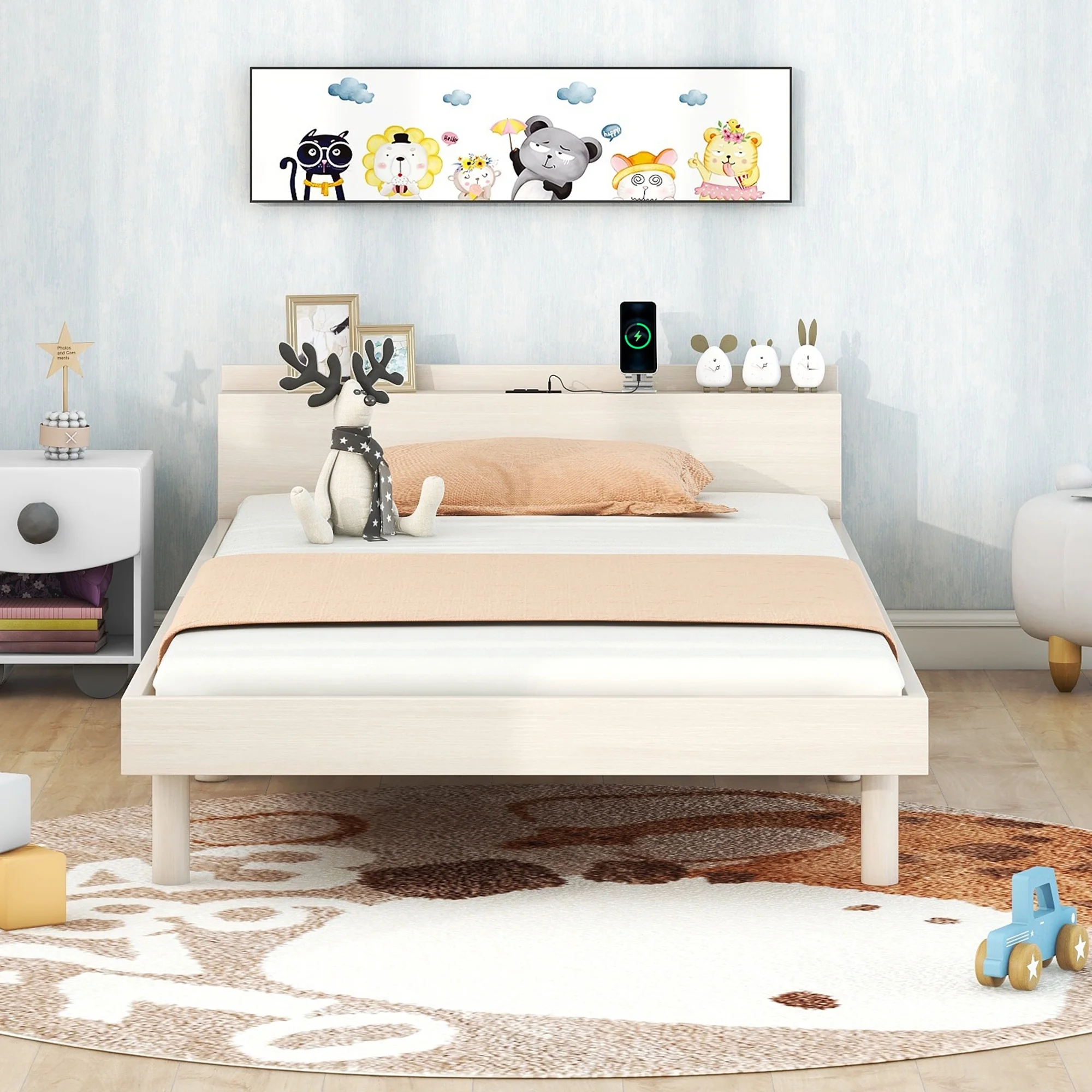Dawn Whisper Modern Design Twin Size Platform Bed Frame with USB Ports for White Washed Color