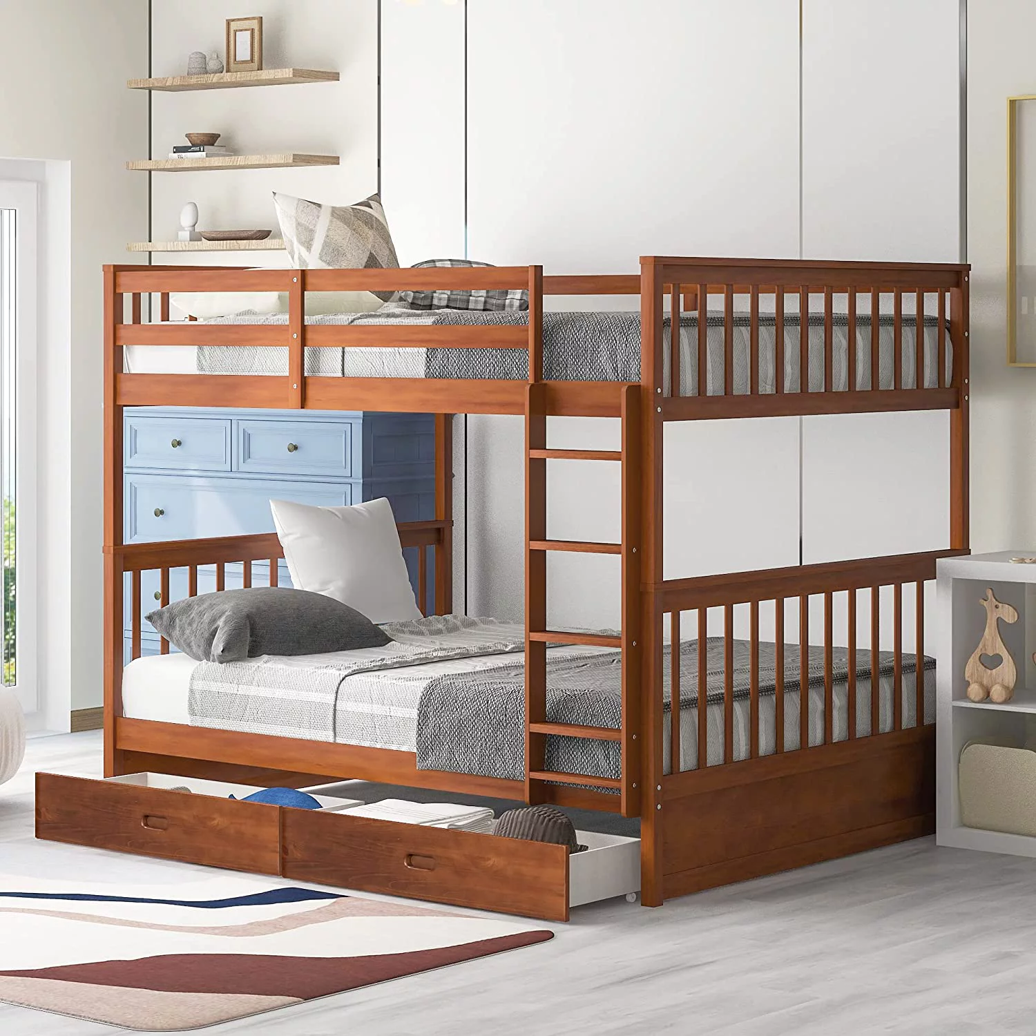 Full Over Full Bunk Bed With Drawers, Full Size Bunk Bed, Solid Wood Bunk Bed Frame With Ladders & 2 Storage Drawers, Bedroom Furniture (Walnut, Full/Full With Drawers)