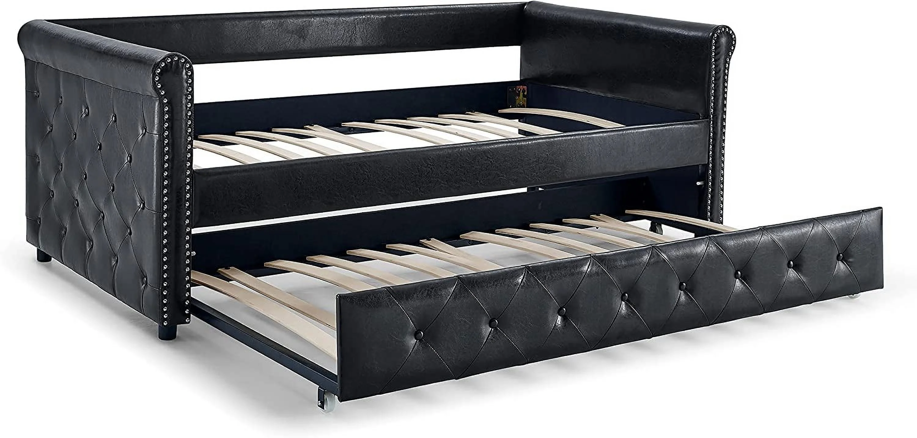 with A Trundle  HABITRIO Solid Wood Structure Gray Fabric Upholstered Full Size Day Bed Frame w/Twin Size Roll-Out Trundle  No Box Spring Needed  Furniture for Bedroom  Living Room  Guest