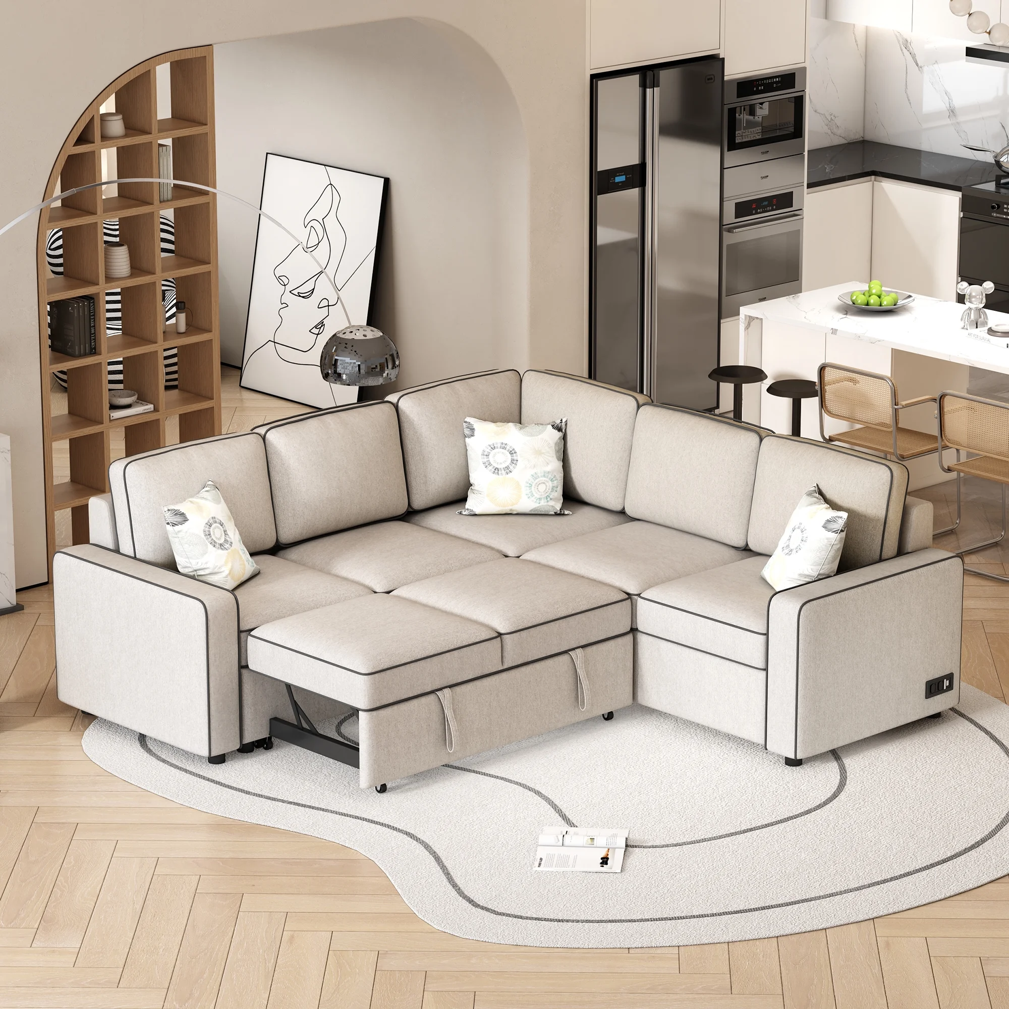 Euroco 5 Seat Pull Out Sofa Bed L-Shaped Sofa with 2 USB Ports, Sockets, Pillows, 83