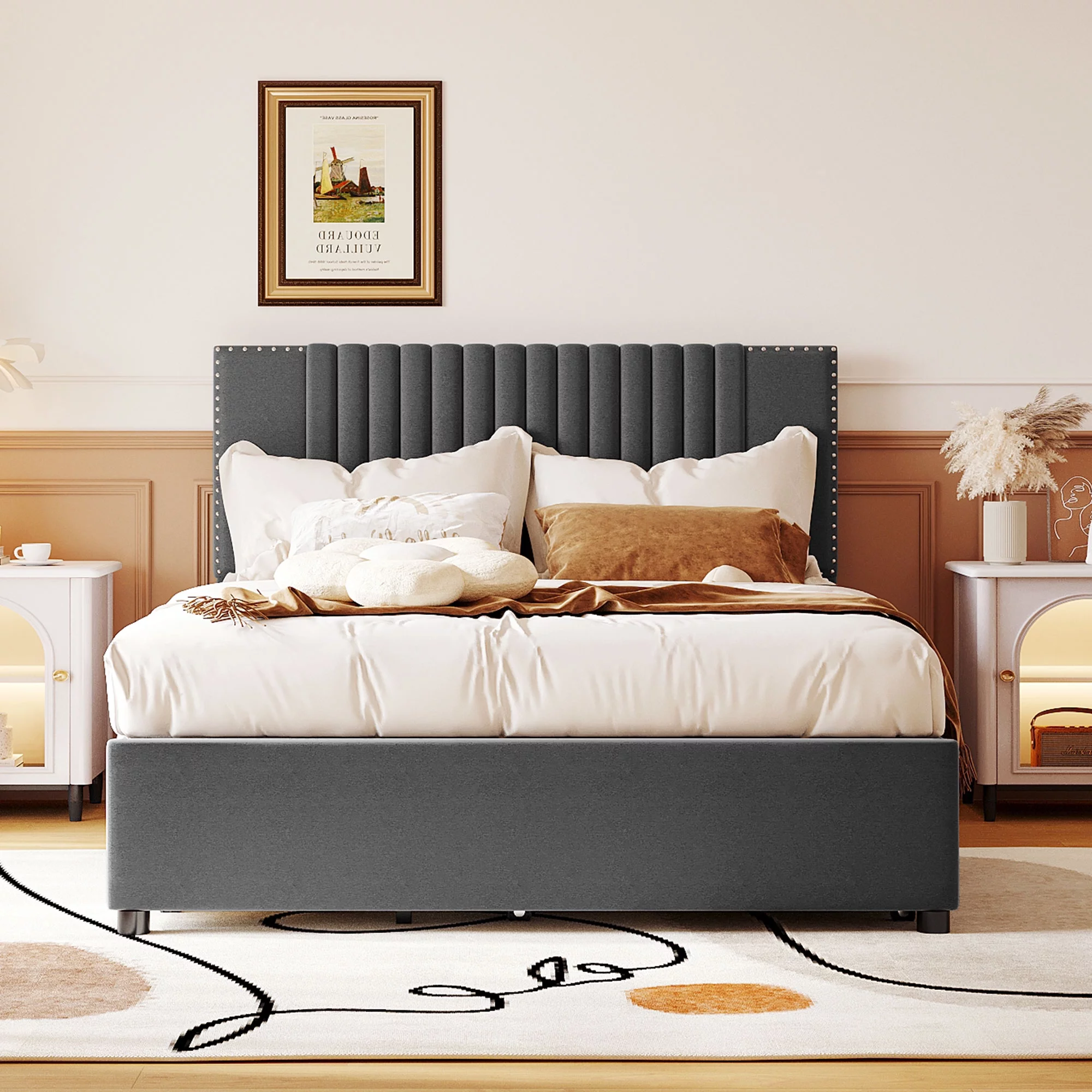 CoSoTower Full Size Upholstered Platform Bed with 2 Drawers and 1 Twin Size Trundle, Classic Headboard Design, Gray