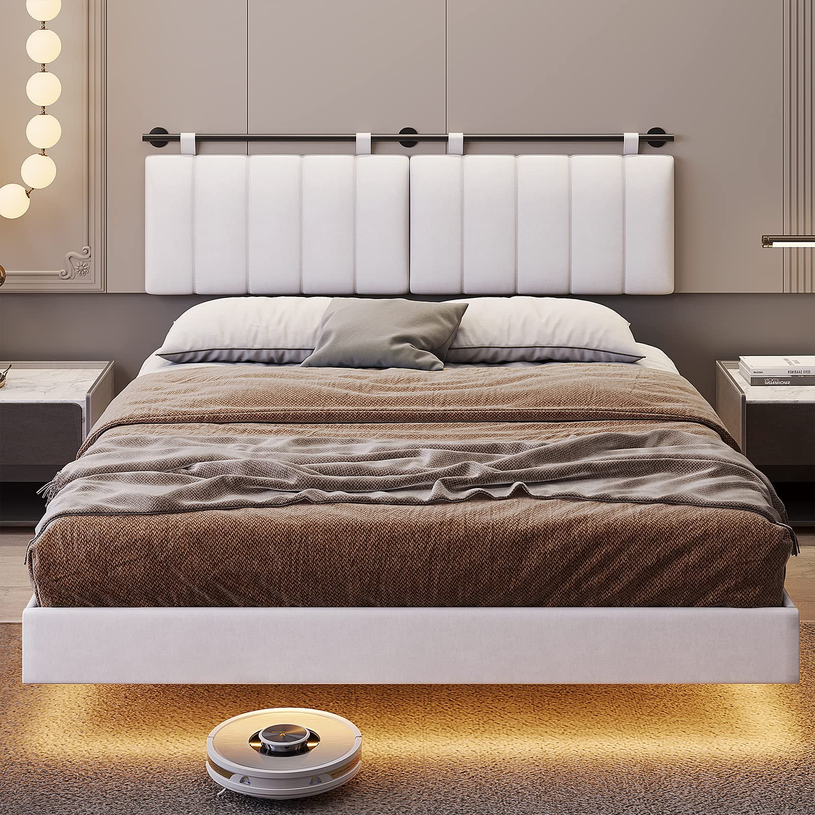 Afuhokles LED Floating Queen Bed Frame with Wall Mounted Headboard and Led Lights, Platform Bed Frame with Upholstered Headboard, Faux Leather Fabric, No Box Spring Needed, White