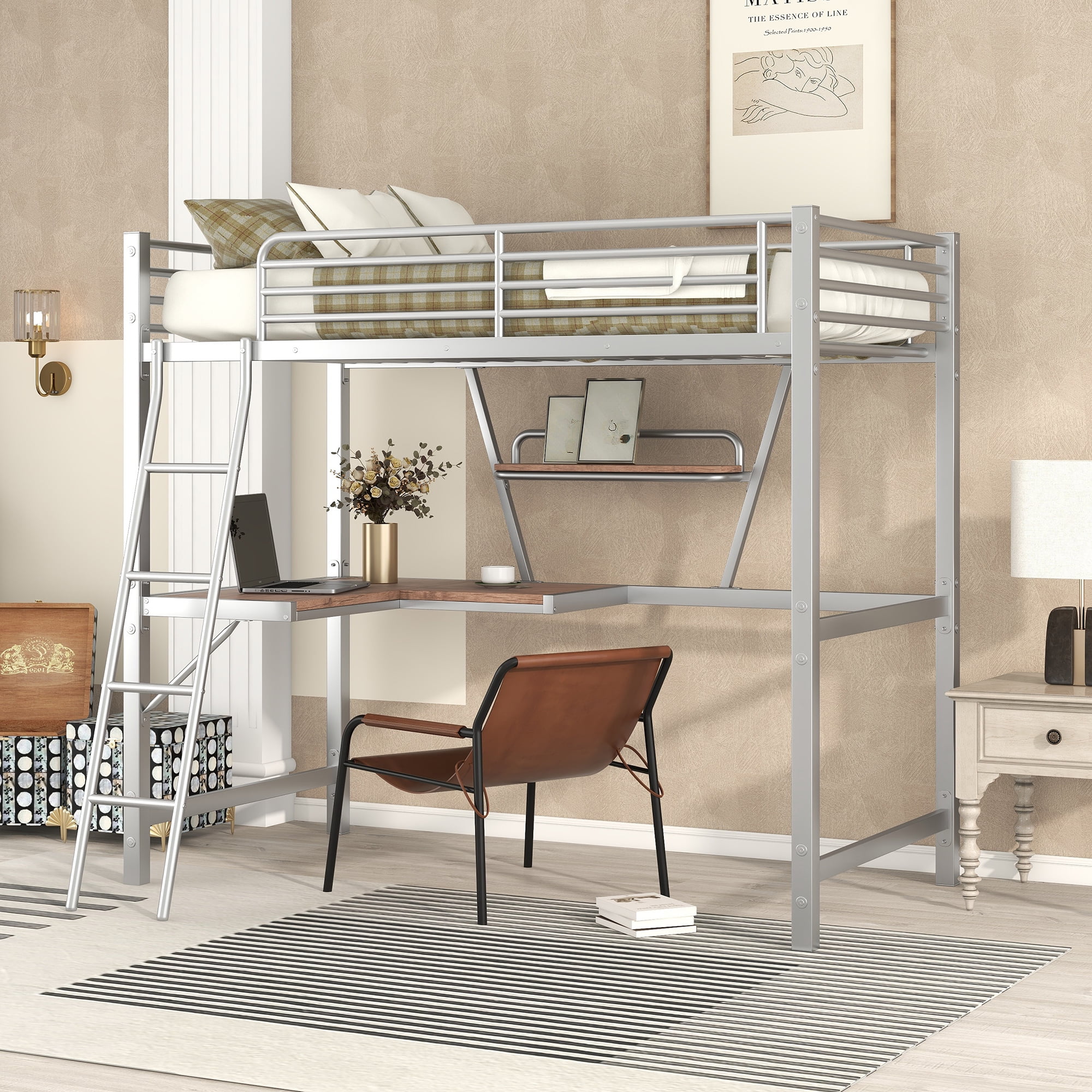 Euroco Metal Loft Bed with Desk and Shelf for Kids, Silver