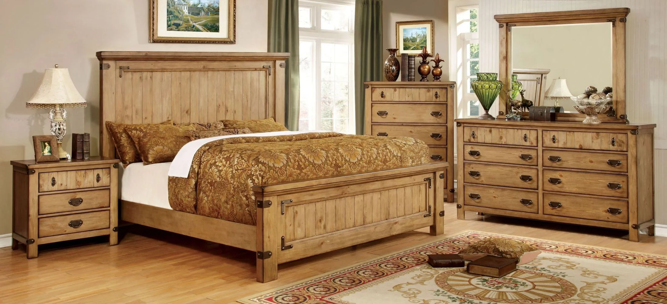 Classic Bedroom Furniture 4pc Bedroom Set Queen Size Bed Dresser Mirror Nightstand Weathered Finish