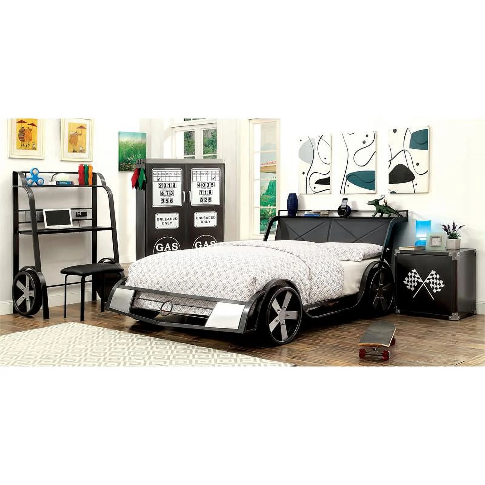 Bowery Hill Contemporary Metal Full Racecar Bed in Silver/Gun Metal