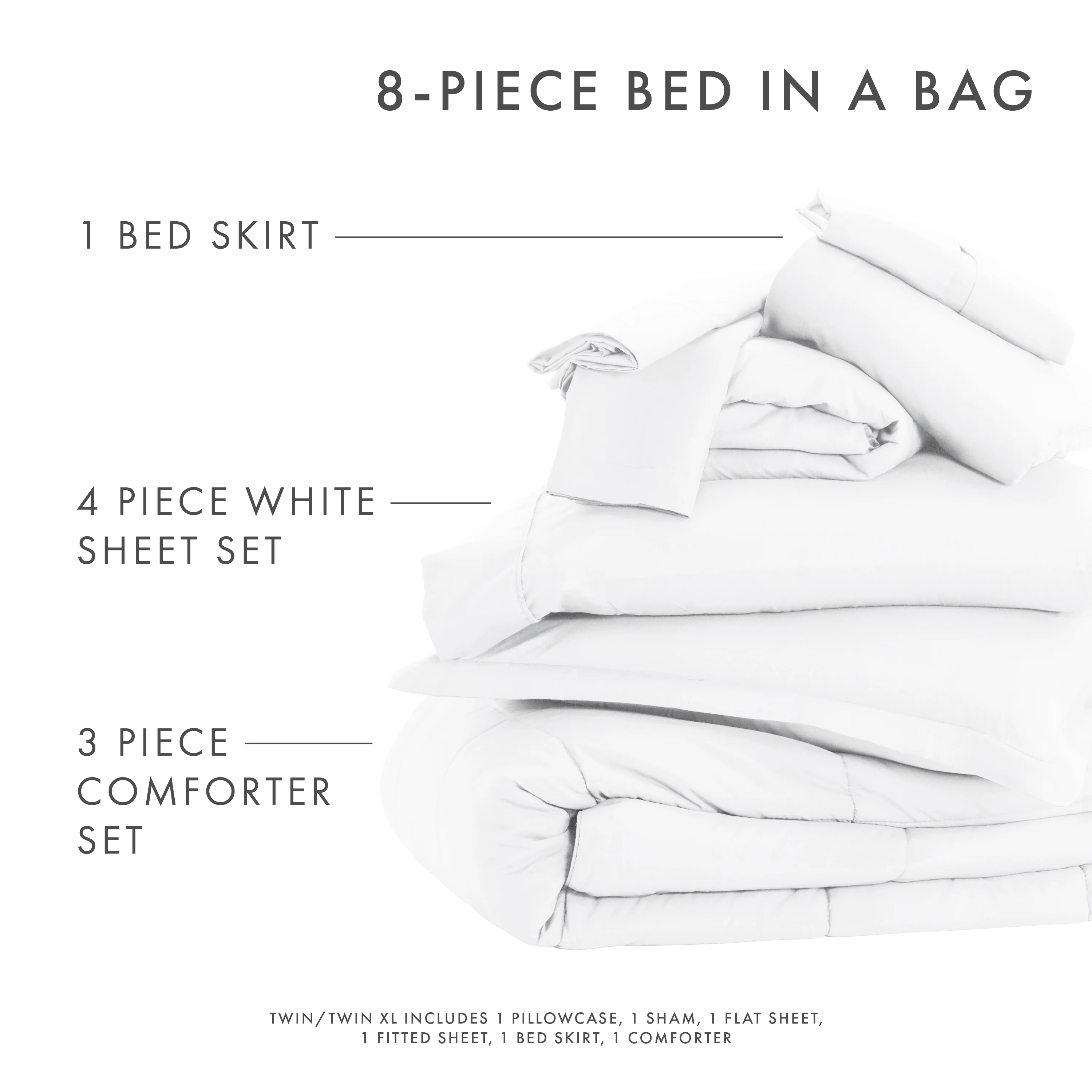 Noble Linens 8-Piece White Bed in a Bag Microfiber Bedding Set, Full