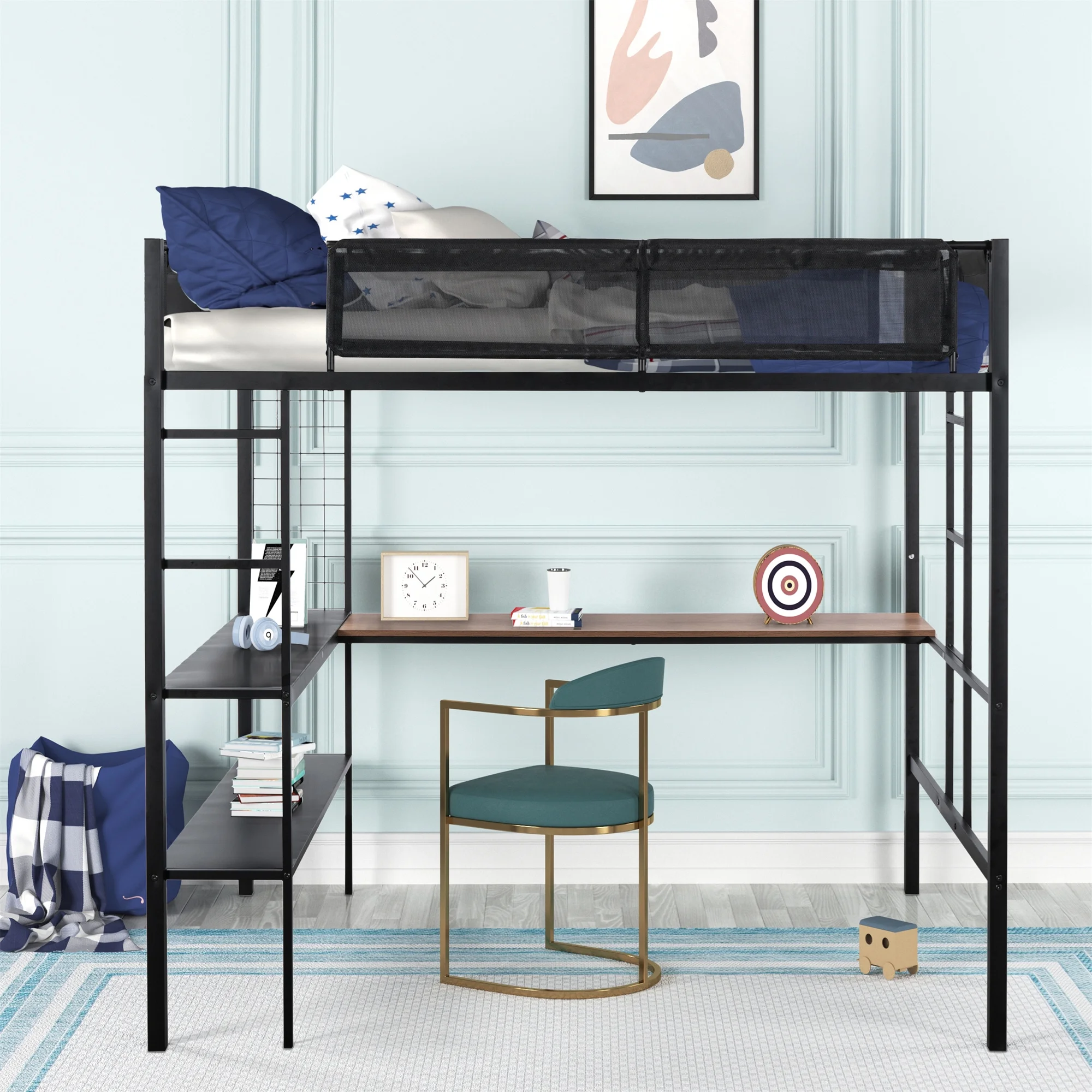 Momspeace Full Size Metal Loft Bed with Desk and 2-Tier Shelves and Grid Panel, Textilene Guardrail, Black