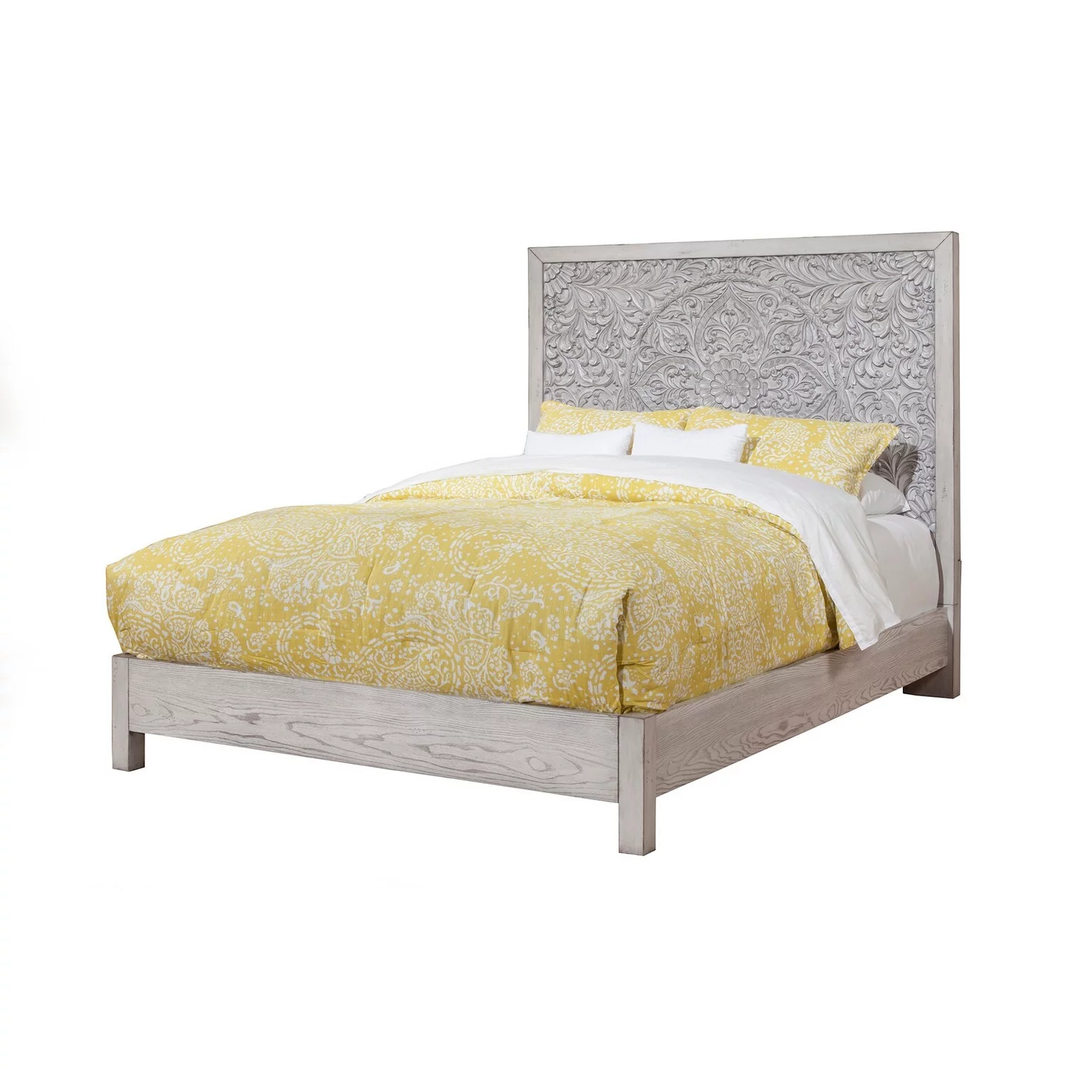 Benjara Ida California King Panel Bed, Elegant Floral Carved Headboard, Light Gray