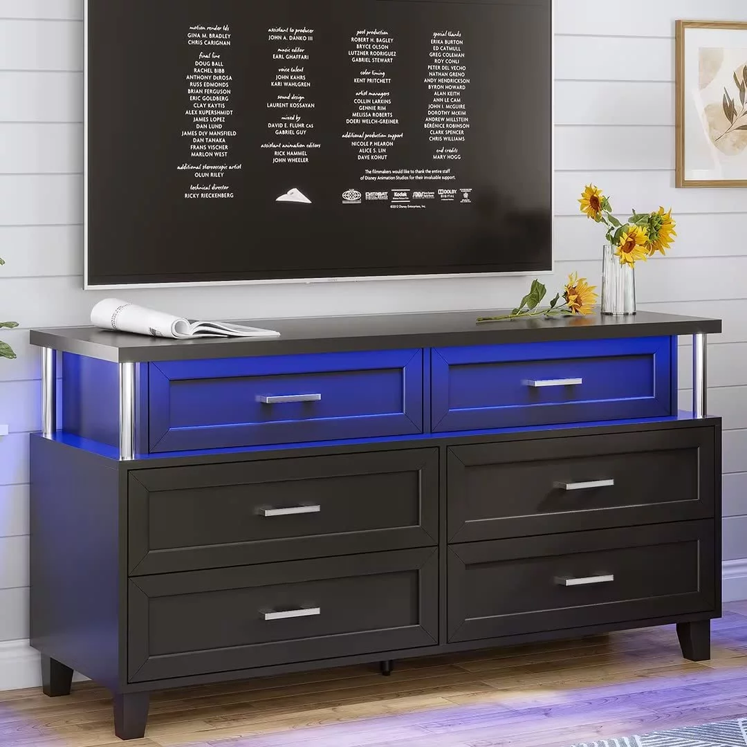 EPHEX LED 6 Drawer Dresser, Modern Bedroom Wood Long Closet Dresser, Black
