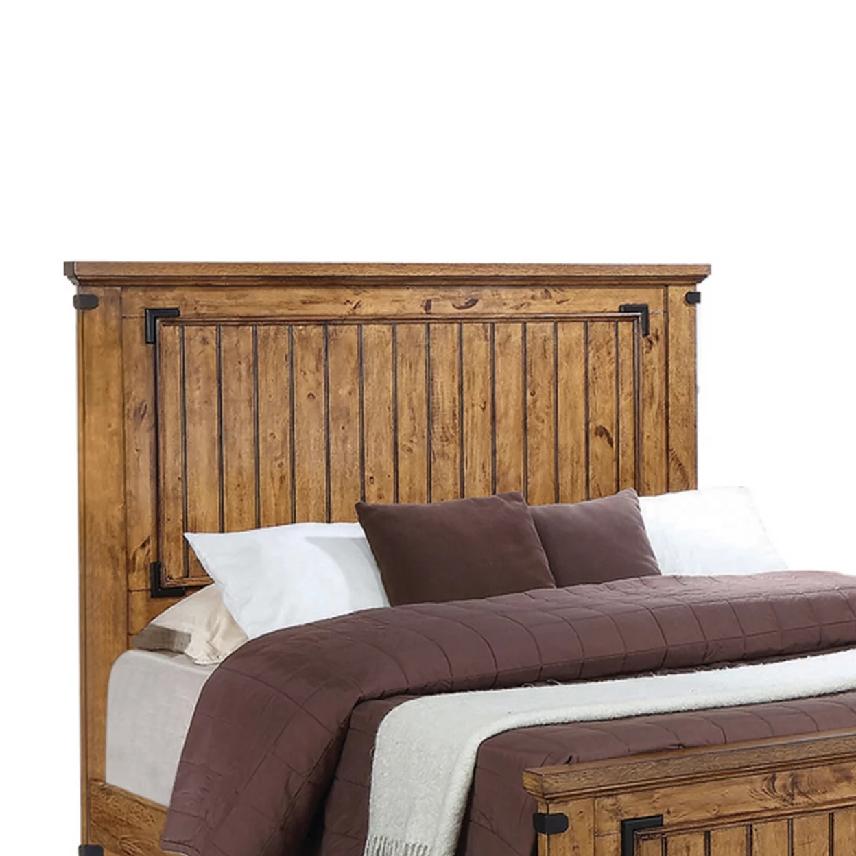 Cottage Style Full Bed Plank Detailing and Metal Accents, Brown- Saltoro Sherpi