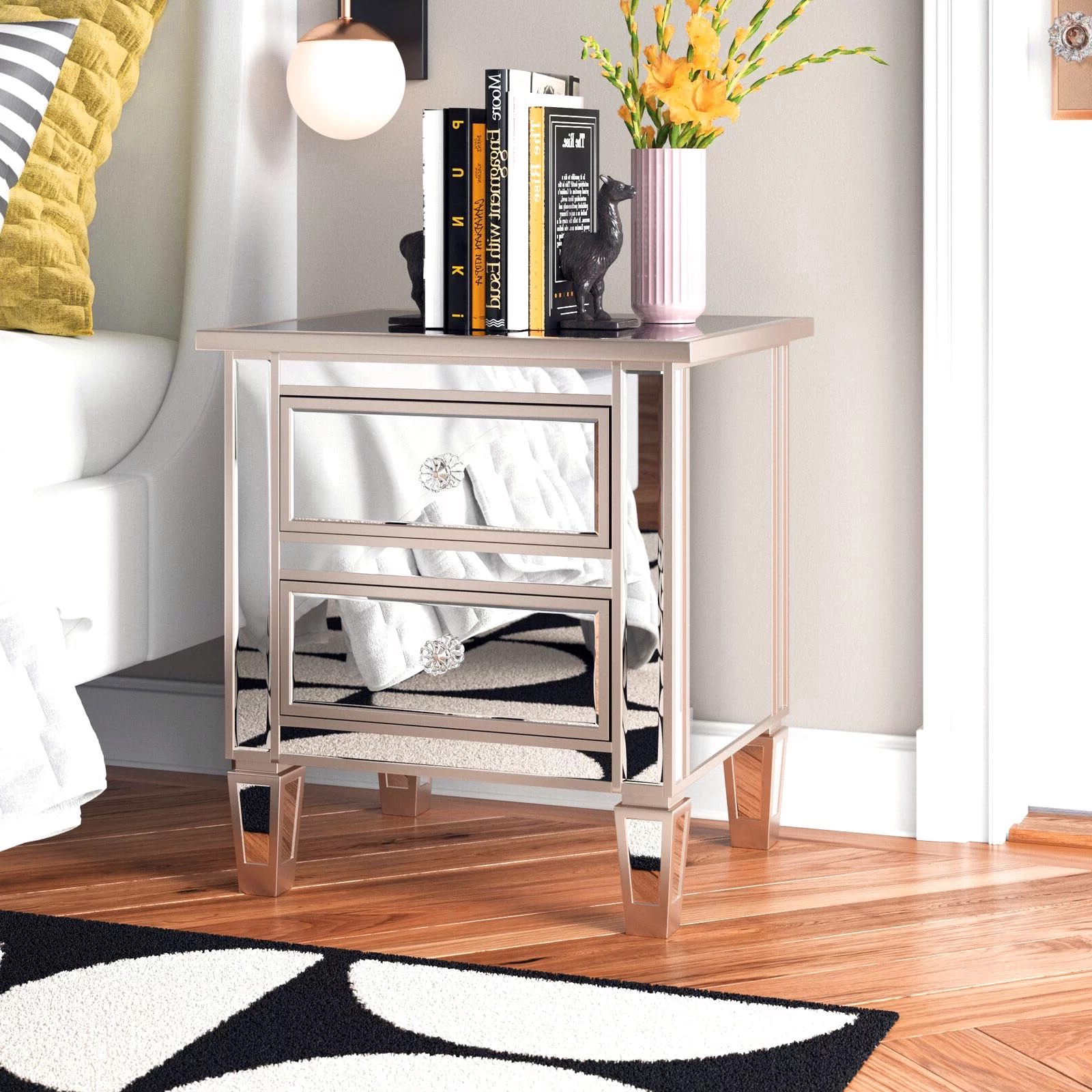 Zimtown Mirrored Nightstand 2 Drawer Modern Mirror End Table,Bedside Table for Bedroom, Living Room, Silver Frame with GoldBorders