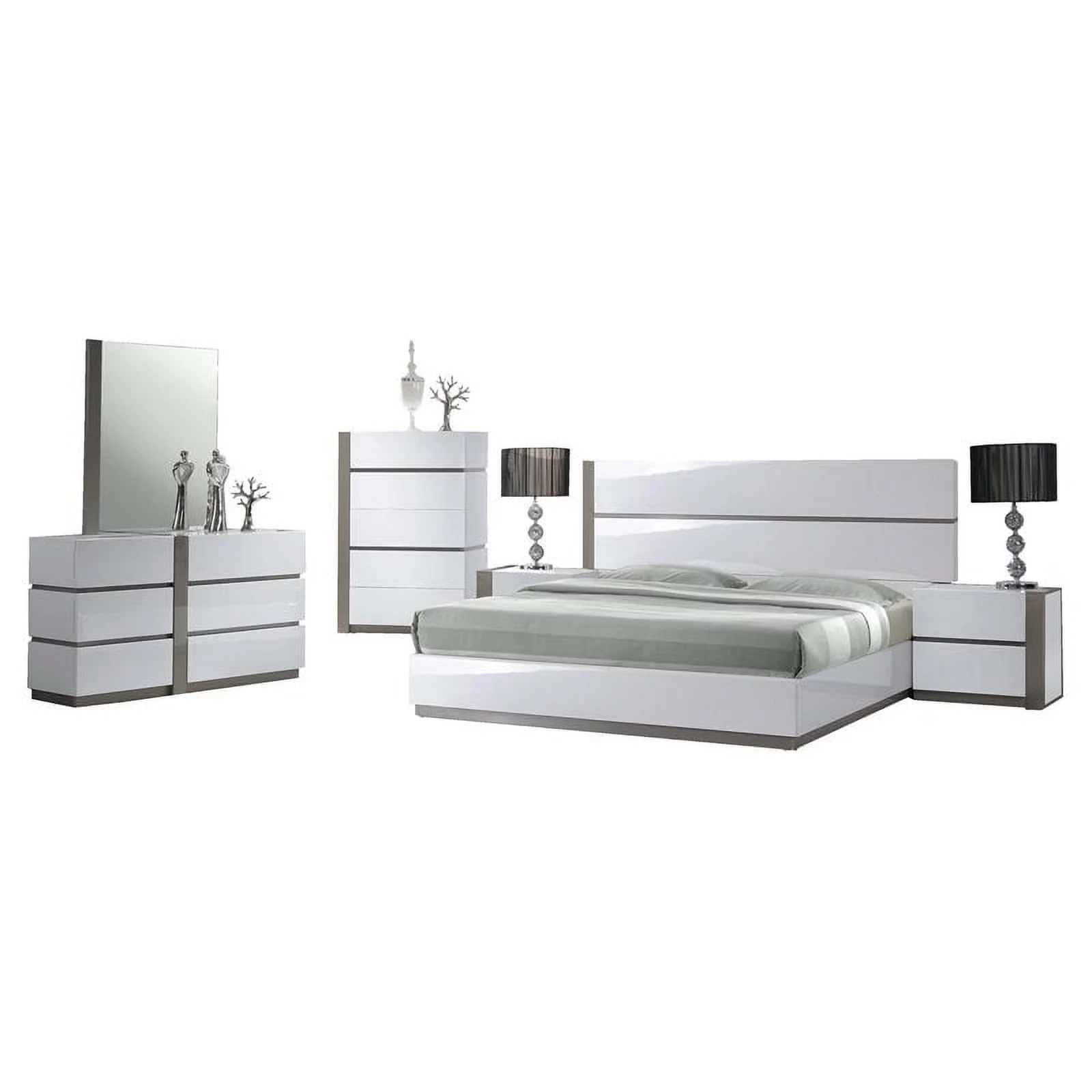 Milan Valencia 4-piece Wood King-size Bedroom Set in High Gloss White/Gray