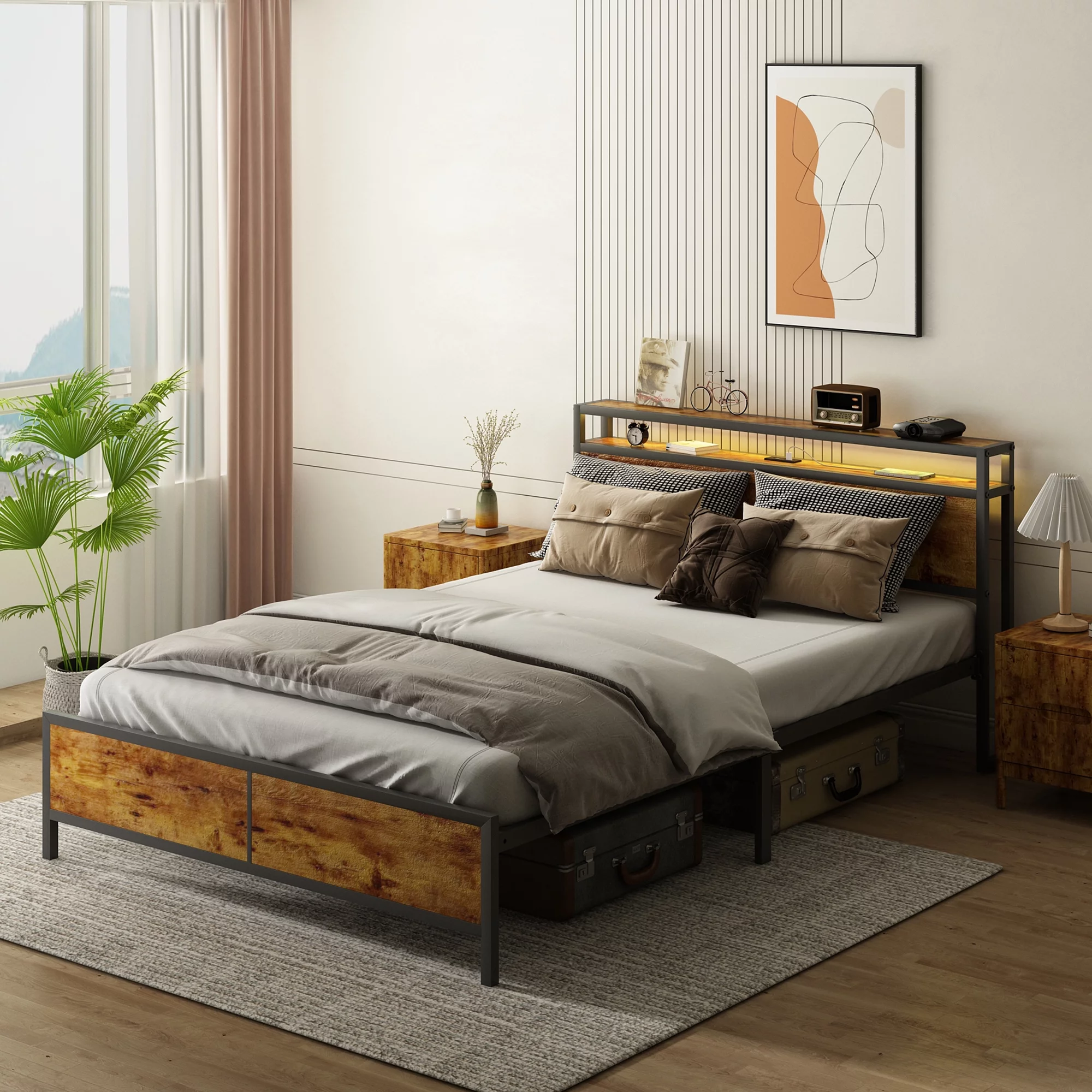 HoldoLife Full Size Bed Frame with LED Lights and 2 USB Ports, Industrial Platform Bed with Storage Headboard, Non-Slip Noise Free Bed Frame, No Box Spring Needed, Rustic Brown, Easy Assembly