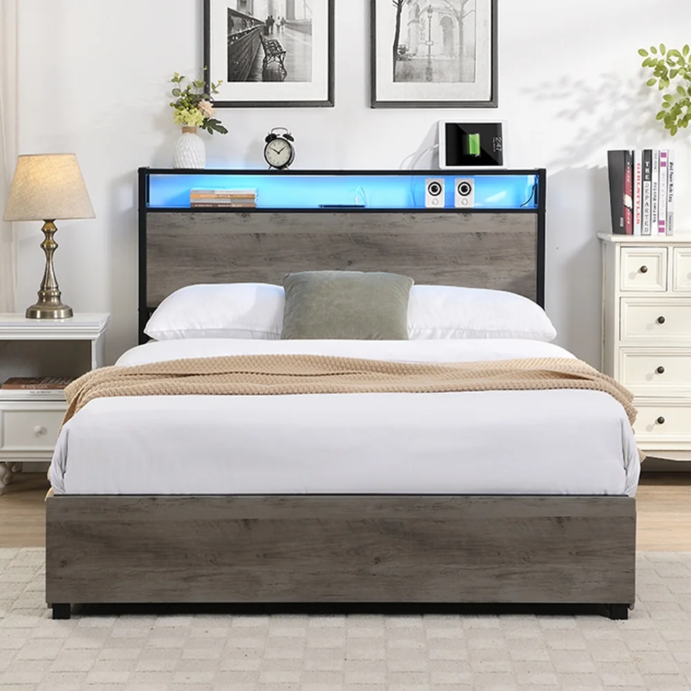 Yone jx je Queen Bed Frame, Storage Headboard with Charging Station, Solid and Stable, Noise Free, No Box Spring Needed, Easy Assembly