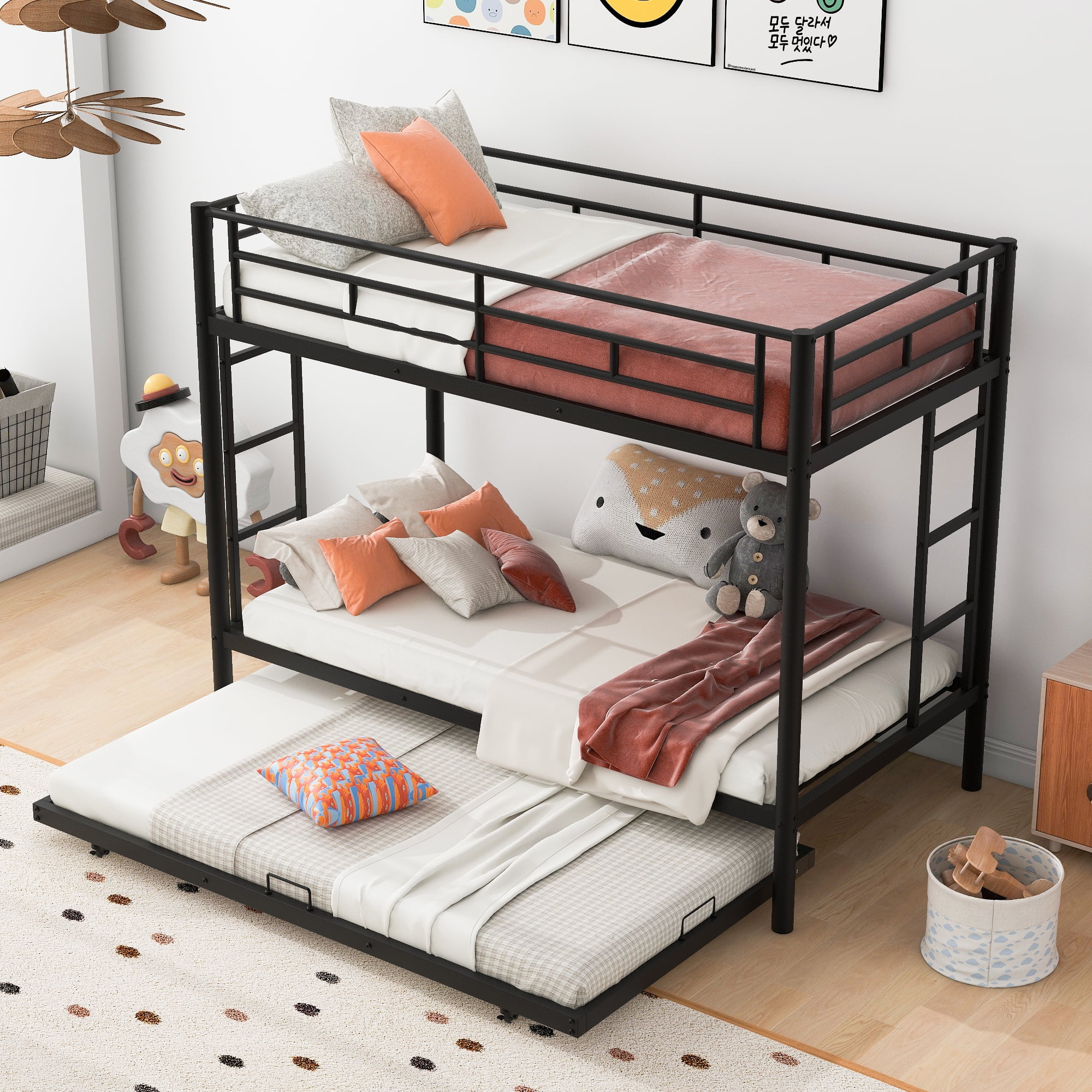 GUTALOR Twin over Twin Bunk Bed with Trundle - Black