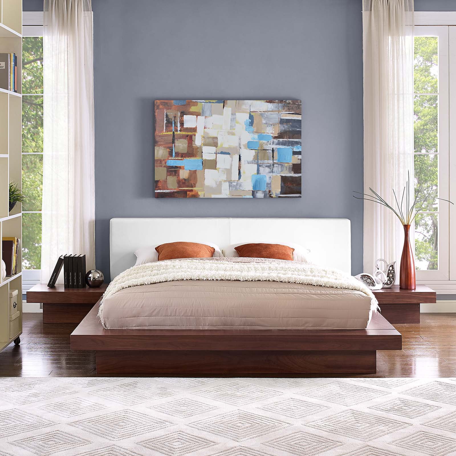 Modway Freja 3 Piece Queen Vinyl Bedroom Set in Walnut White