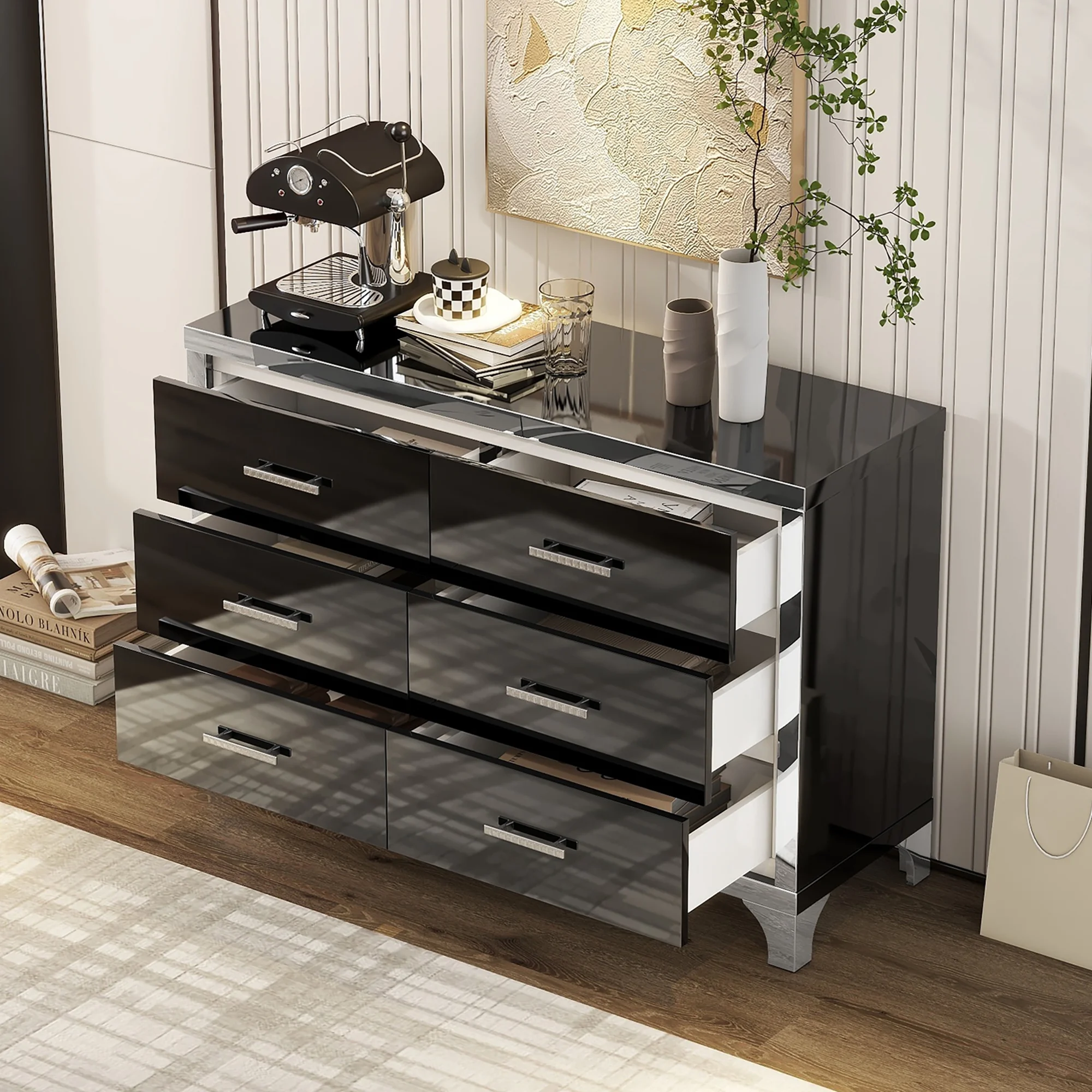 High Gloss Dresser with Metal Handle - Mirrored Storage Cabinet with 6 Drawers, Ideal for Bedroom, Living Room, and Closet Storage Organization-Black