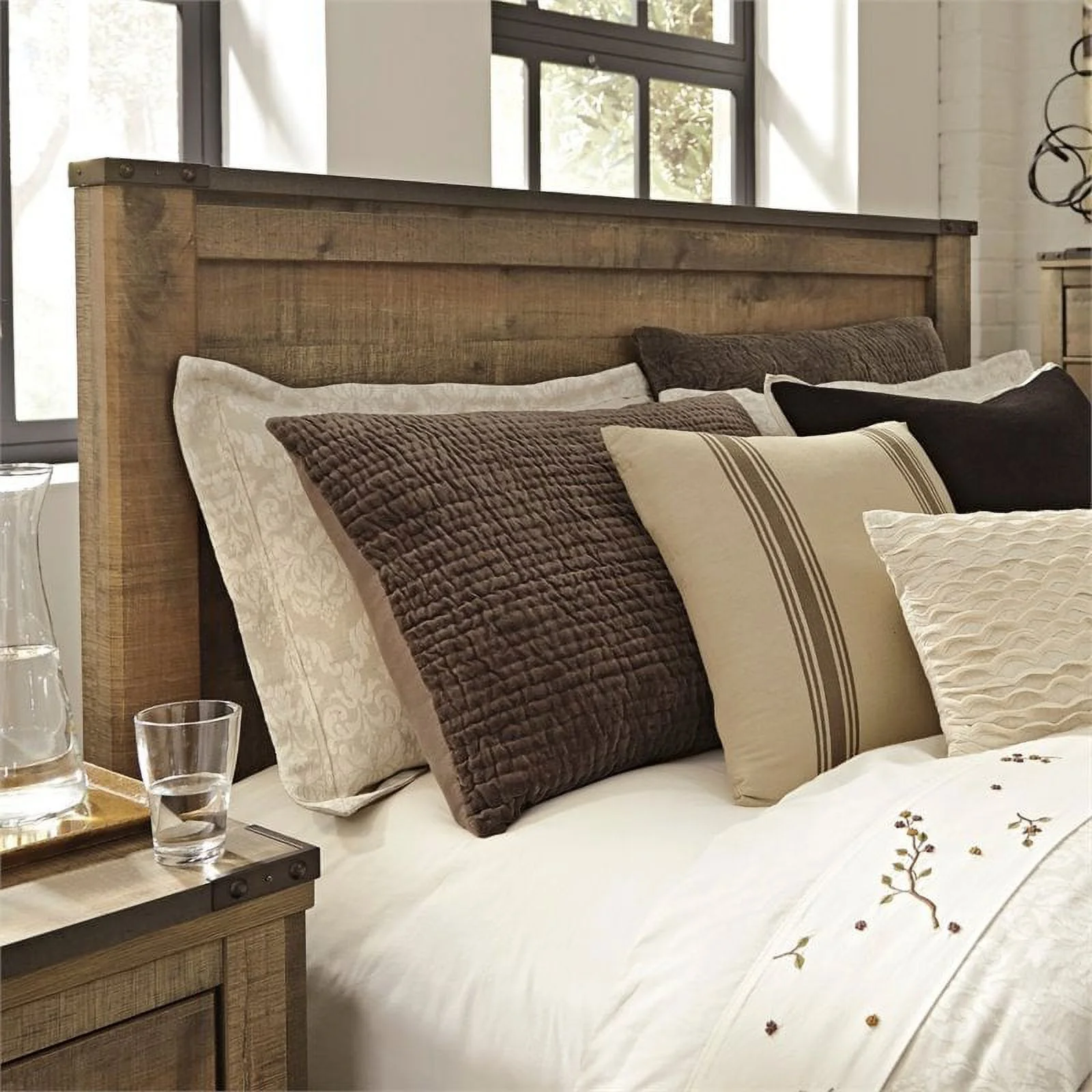 Pemberly Row Wood Queen Panel Headboard with Nailhead Trim in Brown