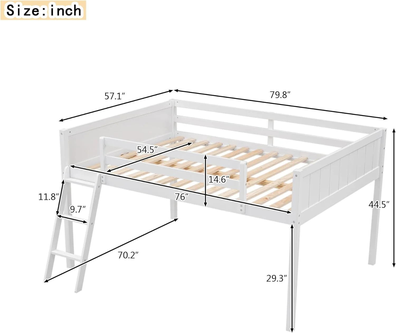 Full Size Loft Bed With Large Uder-Bed Space,Guardrail,Wood Loft Bed With Moveable Ladder,Space Savig Bed With Storage,Full Size Bed Frame With Strog Woode Slats Support,Tees,Kids