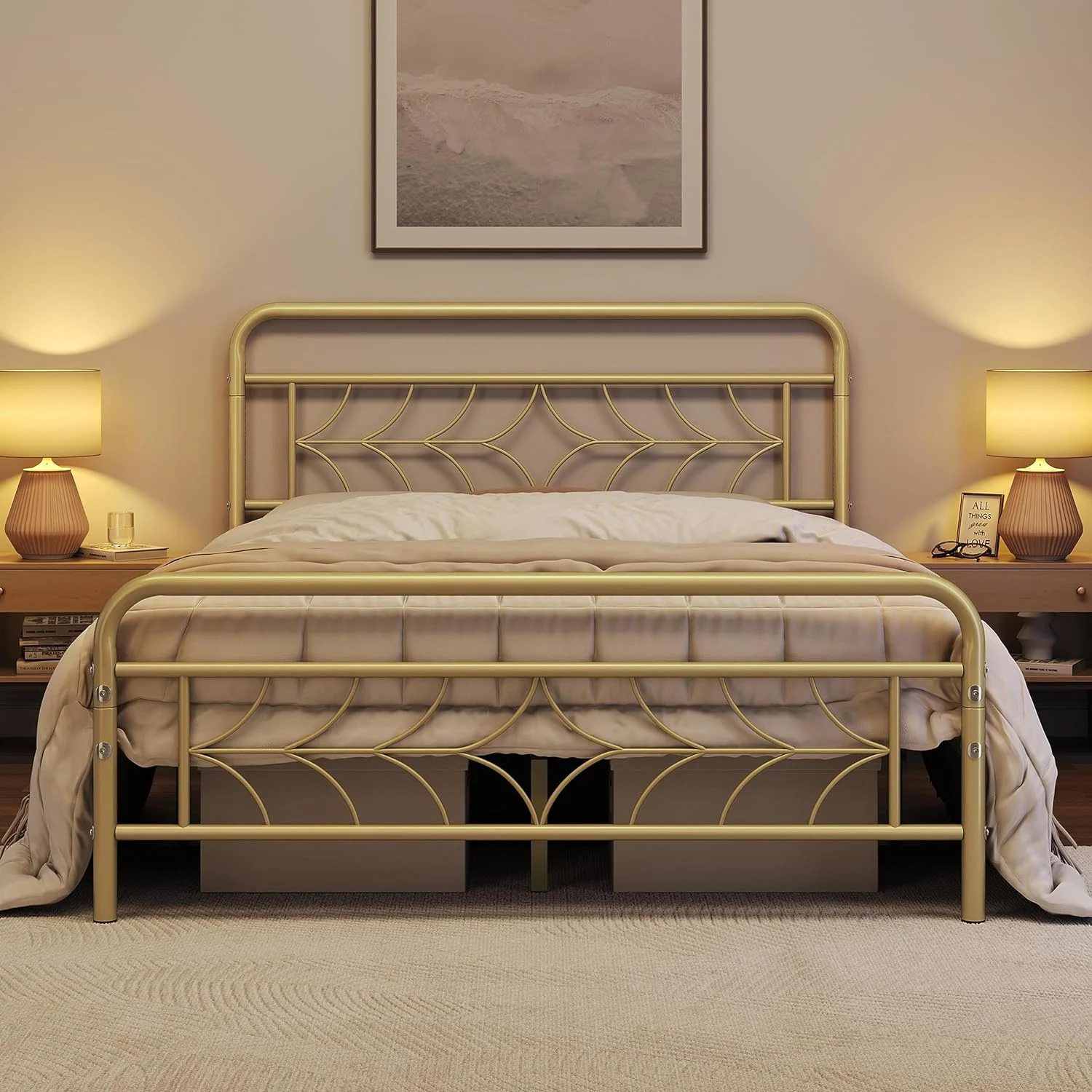 ONESIX Full Size Bed Frame Metal Platform Bed with Sparkling Star-Inspired Design Headboard, 13 Inch Underbed Storage, Easy Assembly, Antique Gold