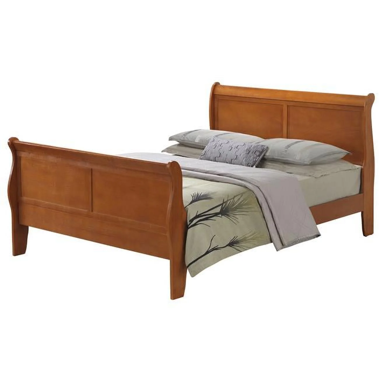 Passion Furniture Louis Philippe Sleigh Wood Bed with High Footboard, Oak - King Size