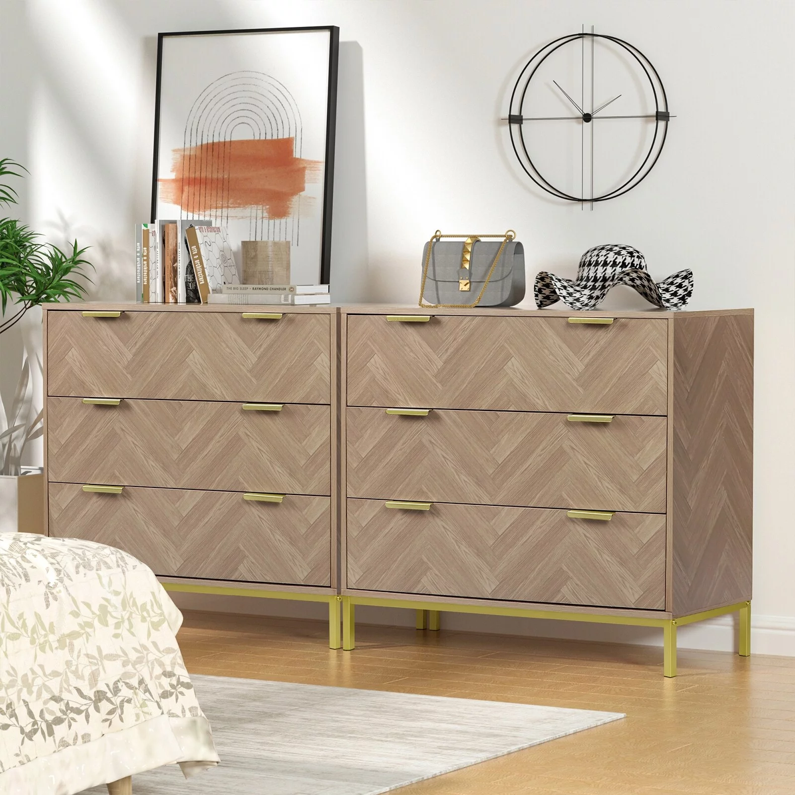 Anmytek Bedroom Dresser 3-Drawer Wooden Chest of Drawers Herringbone Accent Chest Storage Nightstand 31.5