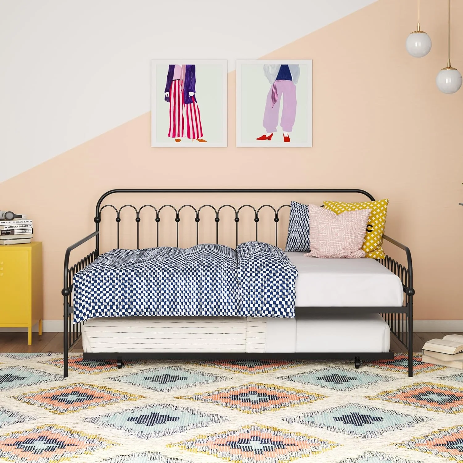 QCAI Bright Pop Full Metal Daybed with Twin Trundle Bed, Black