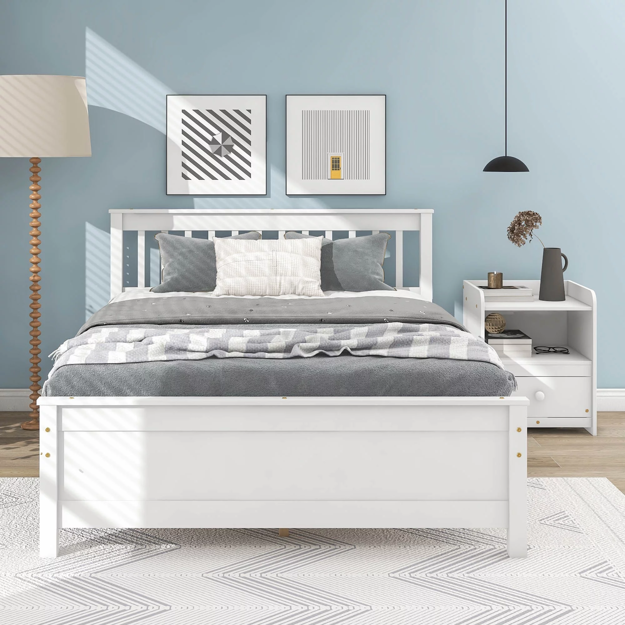 CoSoTower Full Bed with Headboard and Footboard for Kids, Teens, Adults, With A Nightstand, White
