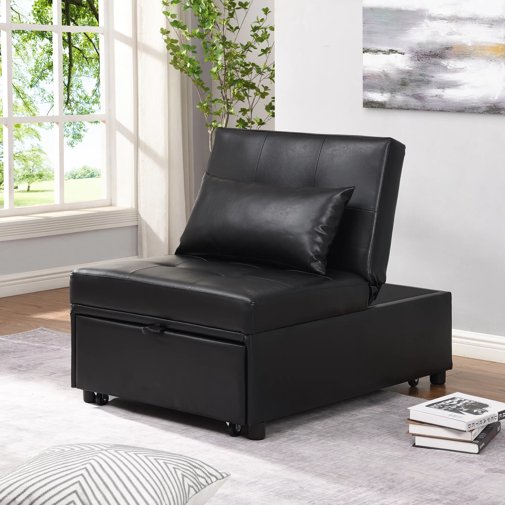 Versatile Folding Ottoman Sofa Bed - Stylish Black Design for Space-Saving Convenience