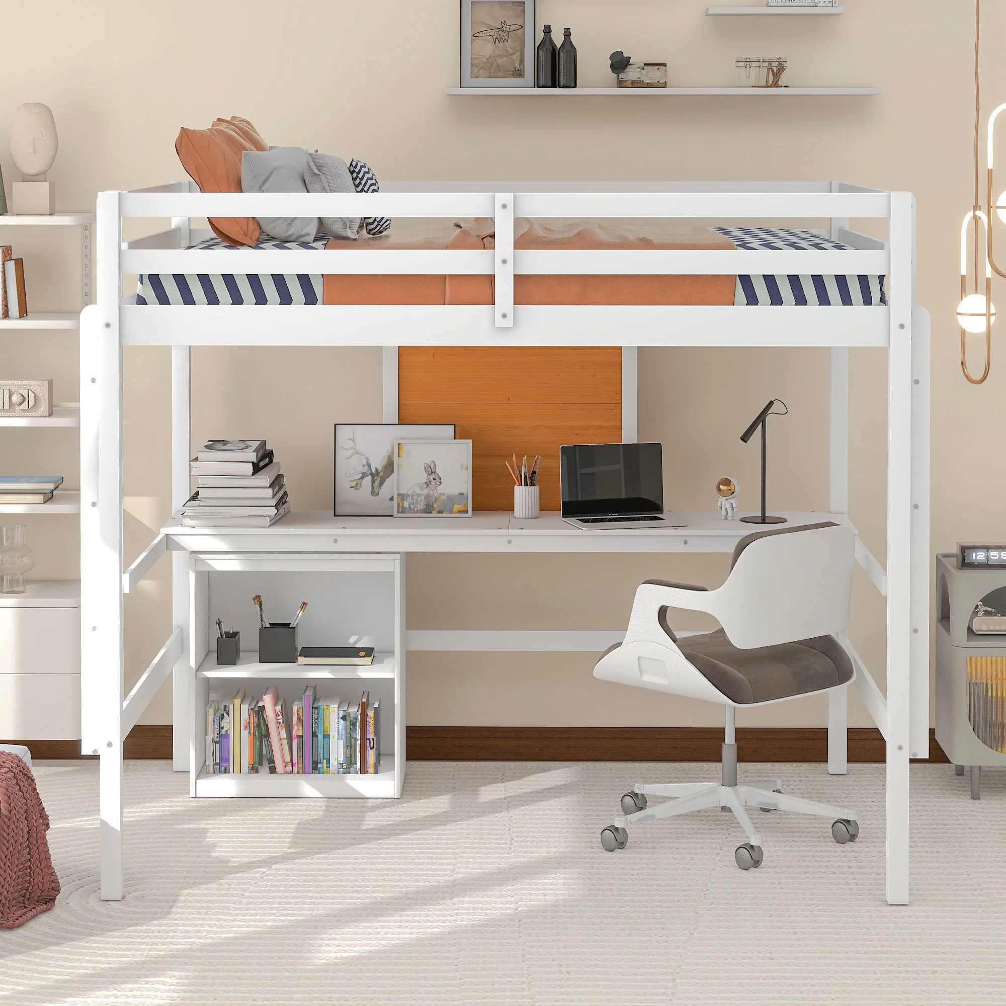 Bellemave Full Size Loft Bed with Desk and Writing Board,Solid Wood Full Loft Bed Frame with 2 Drawers Cabinet and Safety Guardrail for Kids Teens Adults,Bedroom(Full,White)