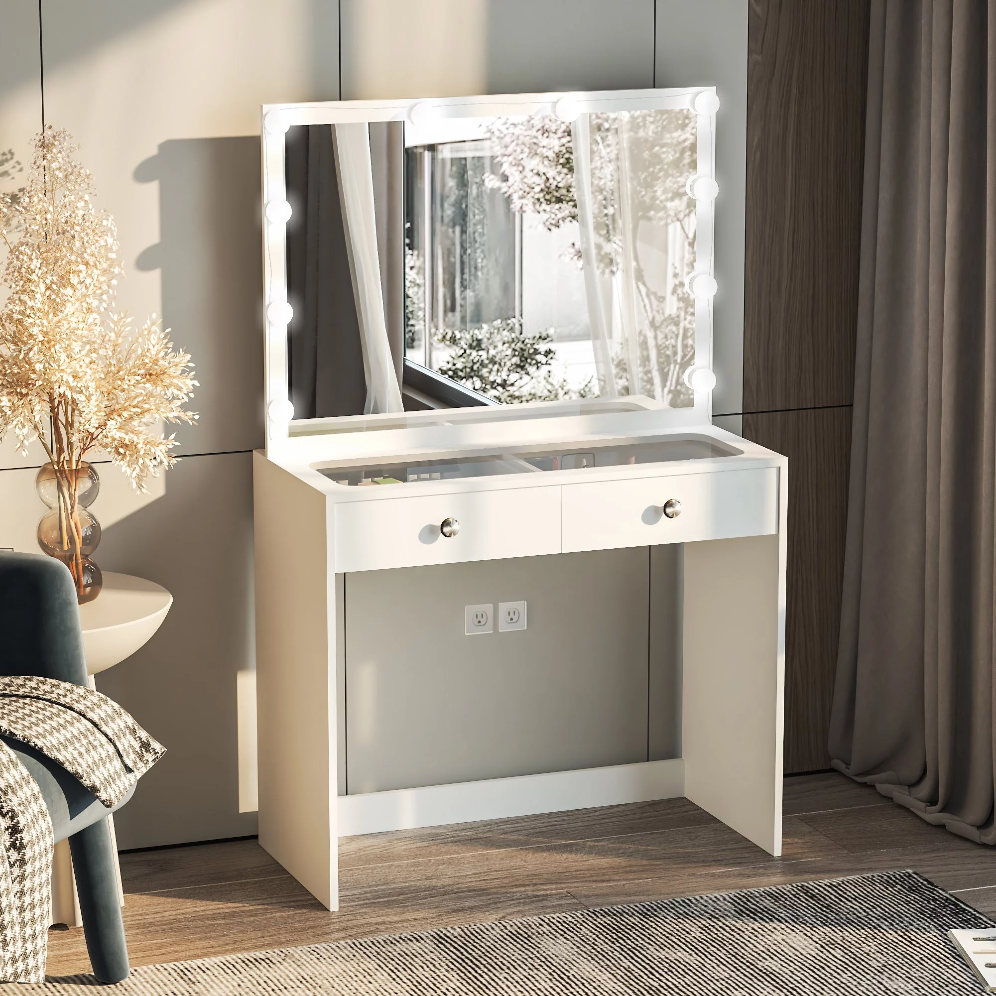 Ember Interiors Melody, Modern White Painted Vanity Table, Lights, for Bedroom