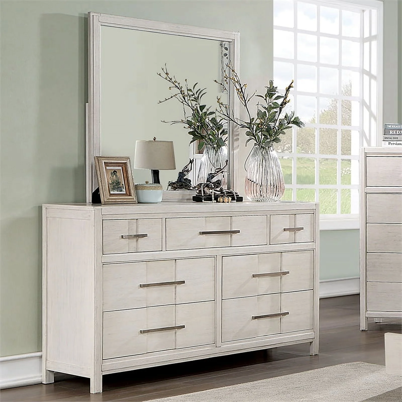 Furniture of America Vela Wood 7-Drawer Dresser with Mirror in White