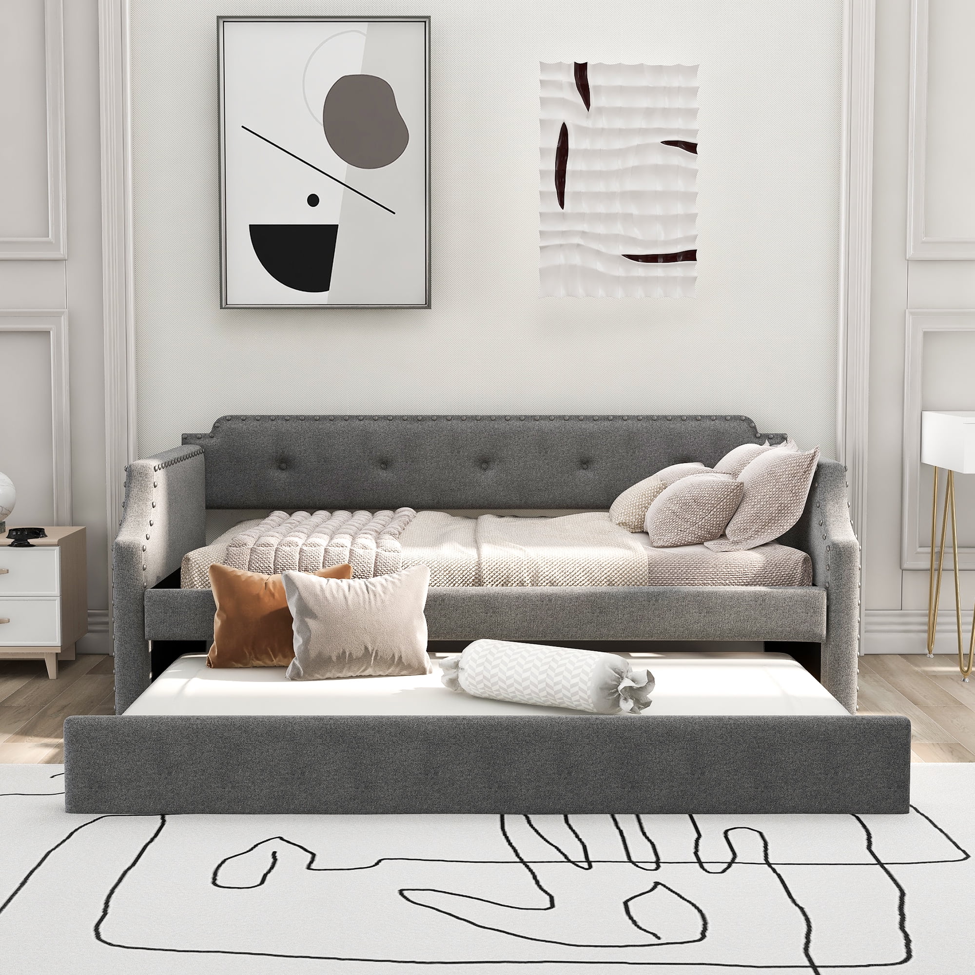 Twin Daybed with A Trundle, Twin Size Upholstered Daybed with Upholstered Frame, Upholstered Sofa Bed Wood Slat Support Bed Frame for Living Room
