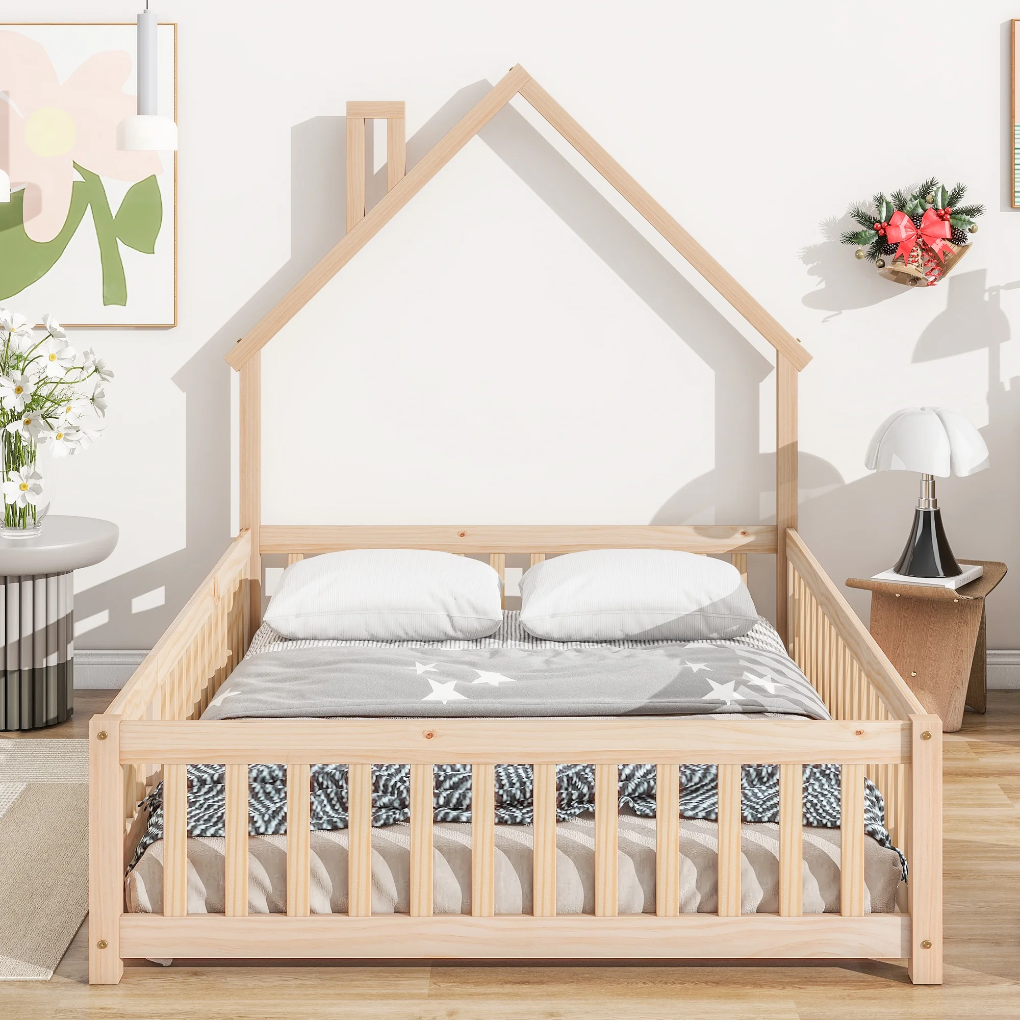 Bellemave Full Size Floor Bed with House-shaped Headboard and Fence Full Wood Floor Bed Frame with Guardrails and Door Montessori House Bed for Kids, Toddlers, Boys, Girls, Natural