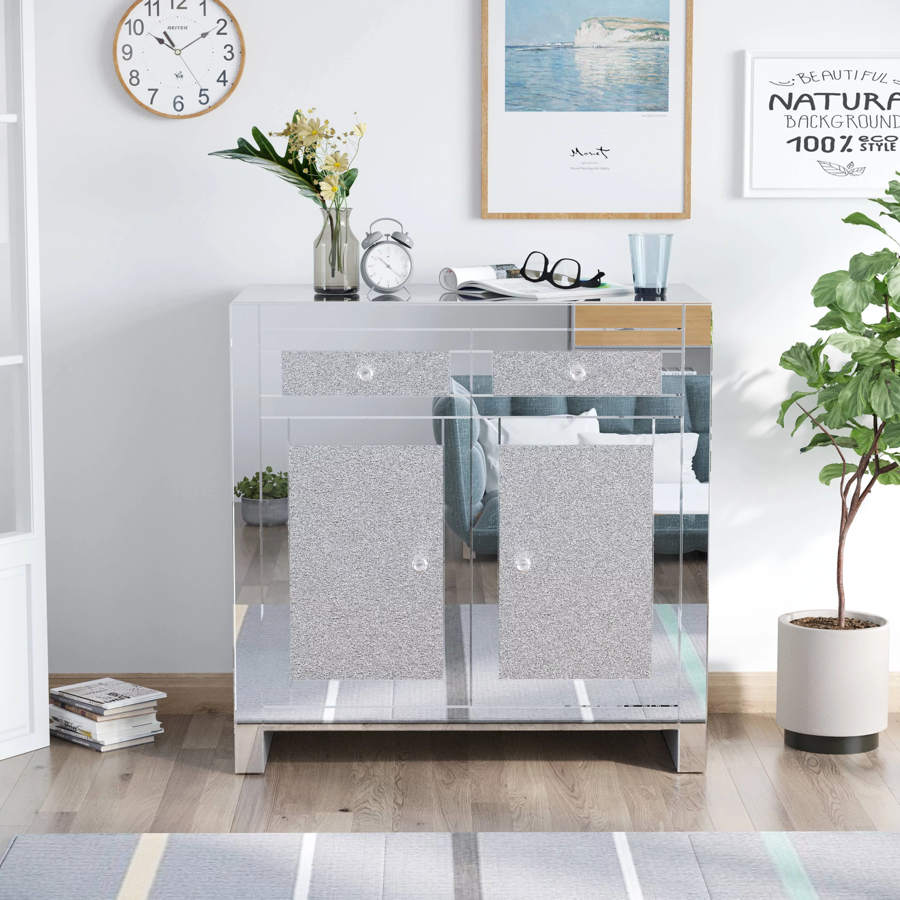 Prime Garden Mirror Accent Cabinet with 2 Doors Sideboard,Sliver