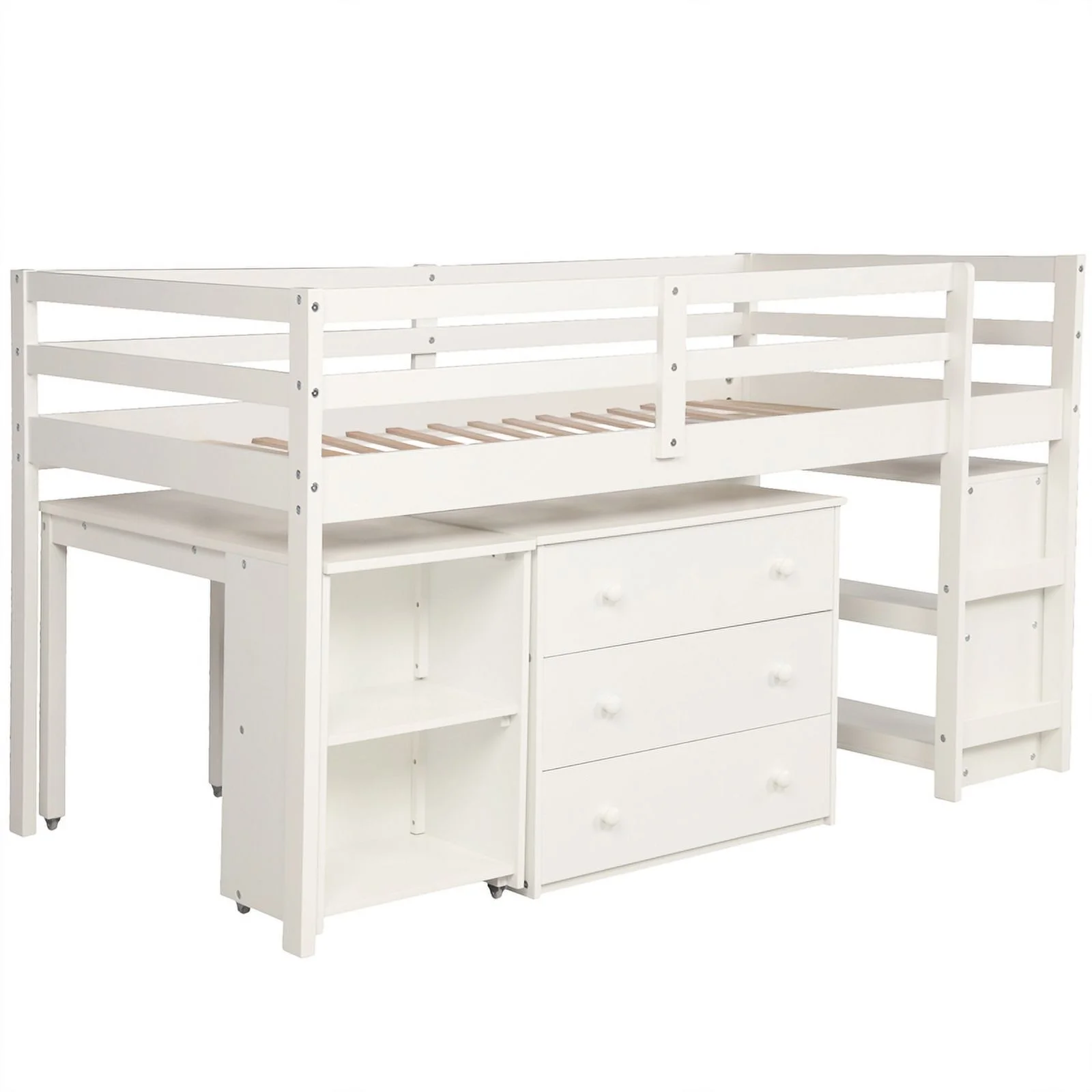 CRO Decor Low Study Twin Loft Bed with Cabinet and Rolling Portable Desk (White)
