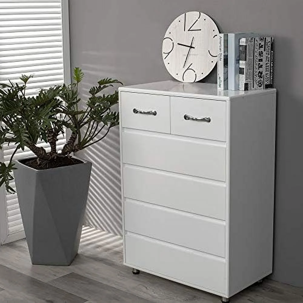HBBOOMLIFE 6 Drawers Dresser White Wood Chest of Drawer Cabinet with Silver Metal Handle for Bedroom Living Room Entryway