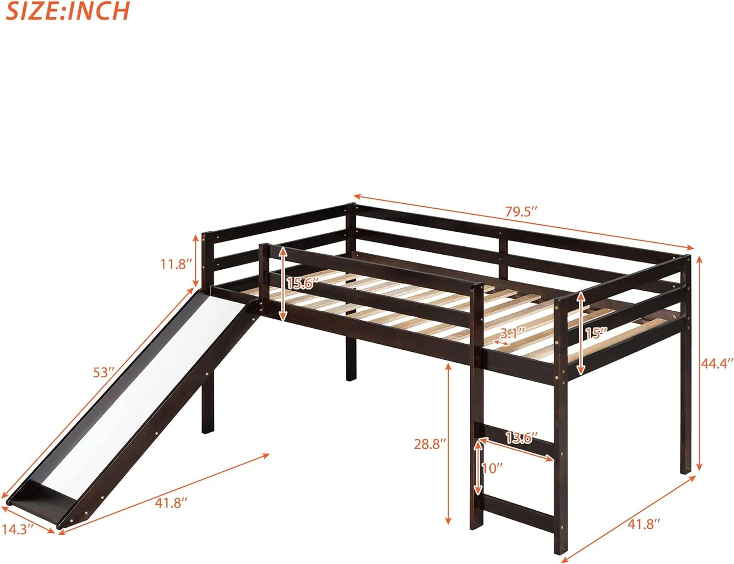 Size Low Loft Bed With Slide Child Junior Loft Beds For Girls Boys Solid Pine Wood Toddler Bed With Ladder And Guard Rails,No Box Spring Needed,Espresso