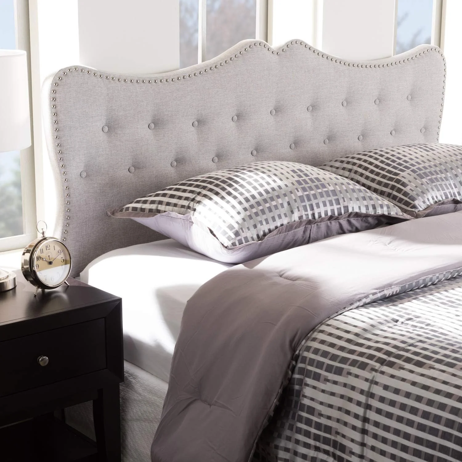Emma Modern And Contemporary Greyish Beige Fabric Queen Size Headboard