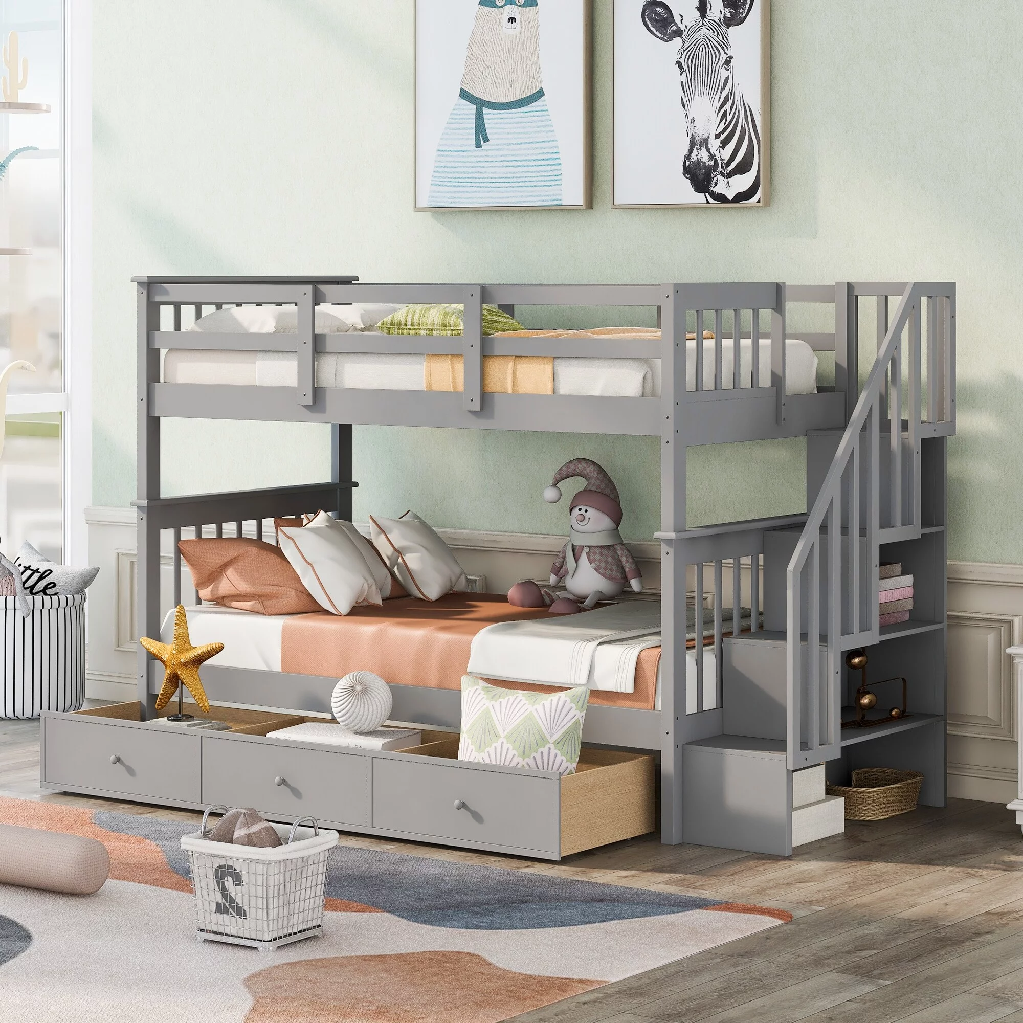 Stairway Twin-Over-Twin Bunk Bed with 3 Drawers and 3-Tier Shelves for Bedroom, Dorm Espresso