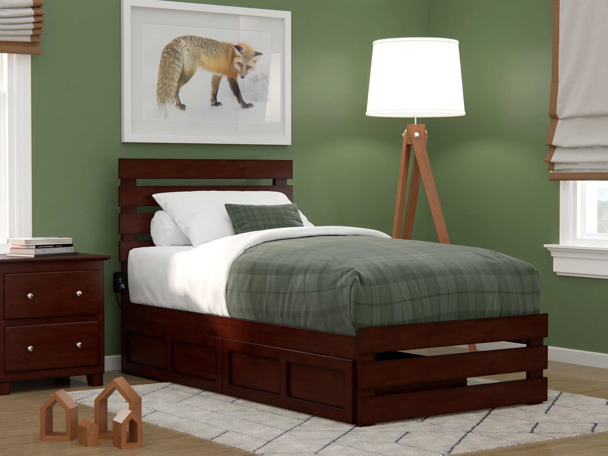 Oxford Twin Bed with Footboard and USB Turbo Charger with 2 Drawers in Walnut