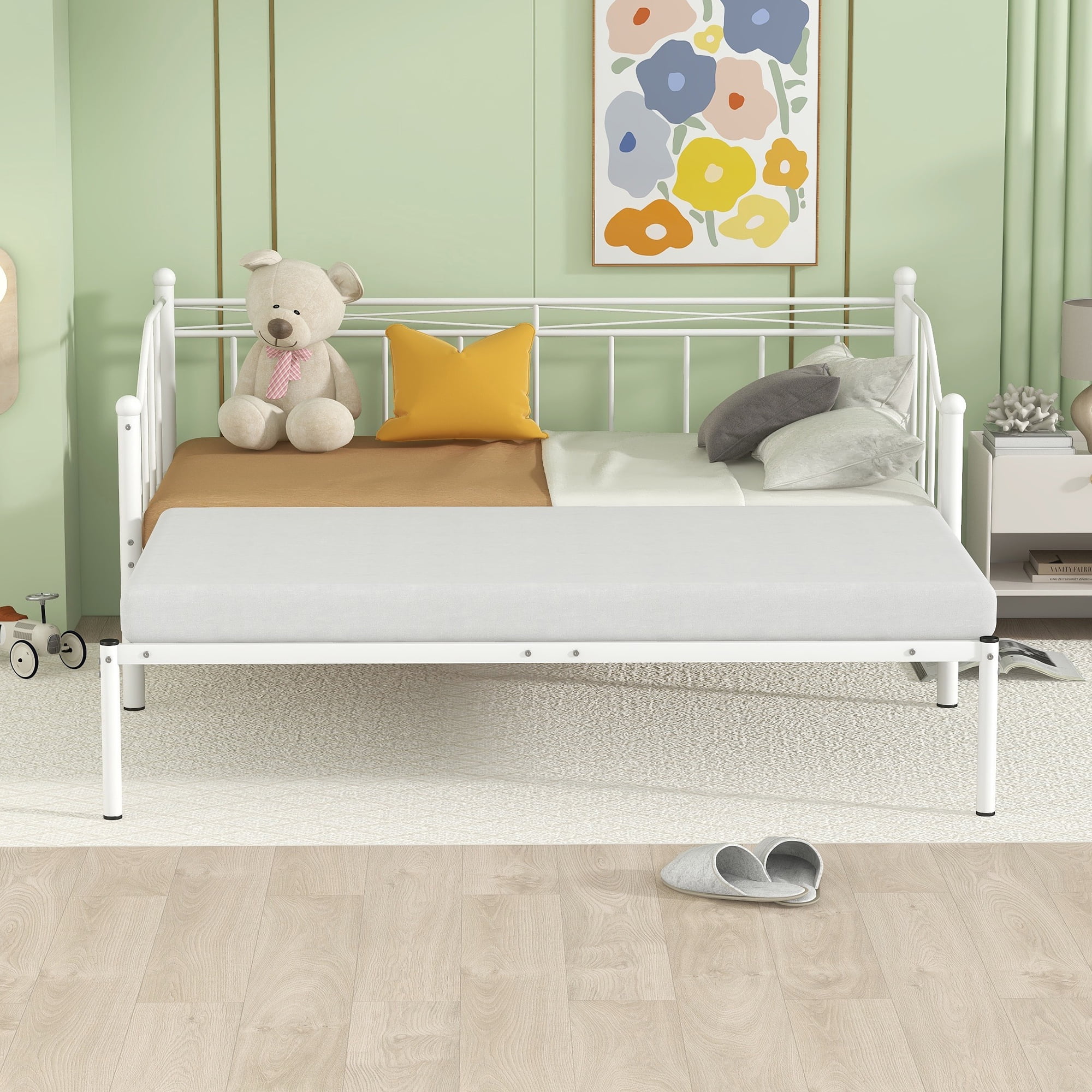 uhomepro Metal Daybed with Trundle, Twin Size Daybed Sofa Bed for Living Room, Sleeper Bed Frame, No Box Spring Needed, White