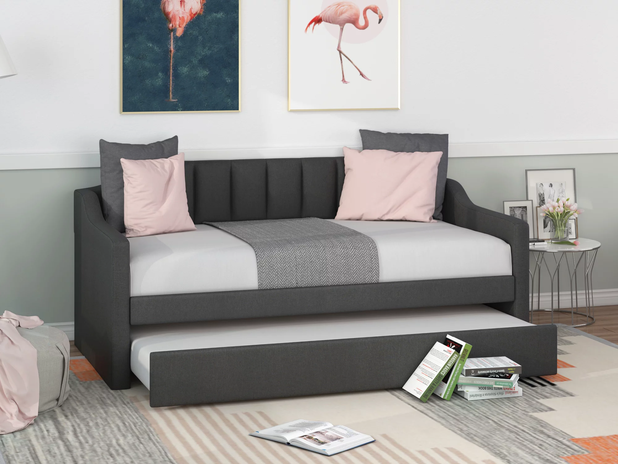 Euroco Modern Fabric Upholstered Twin Daybed with Guest Trundle, Black