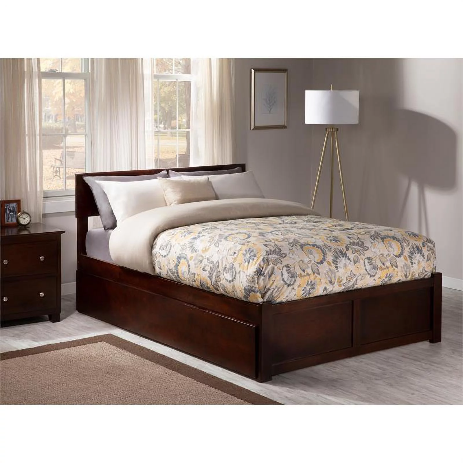 Bowery Hill Wood Queen Bed with Footboard/Trundle in Walnut