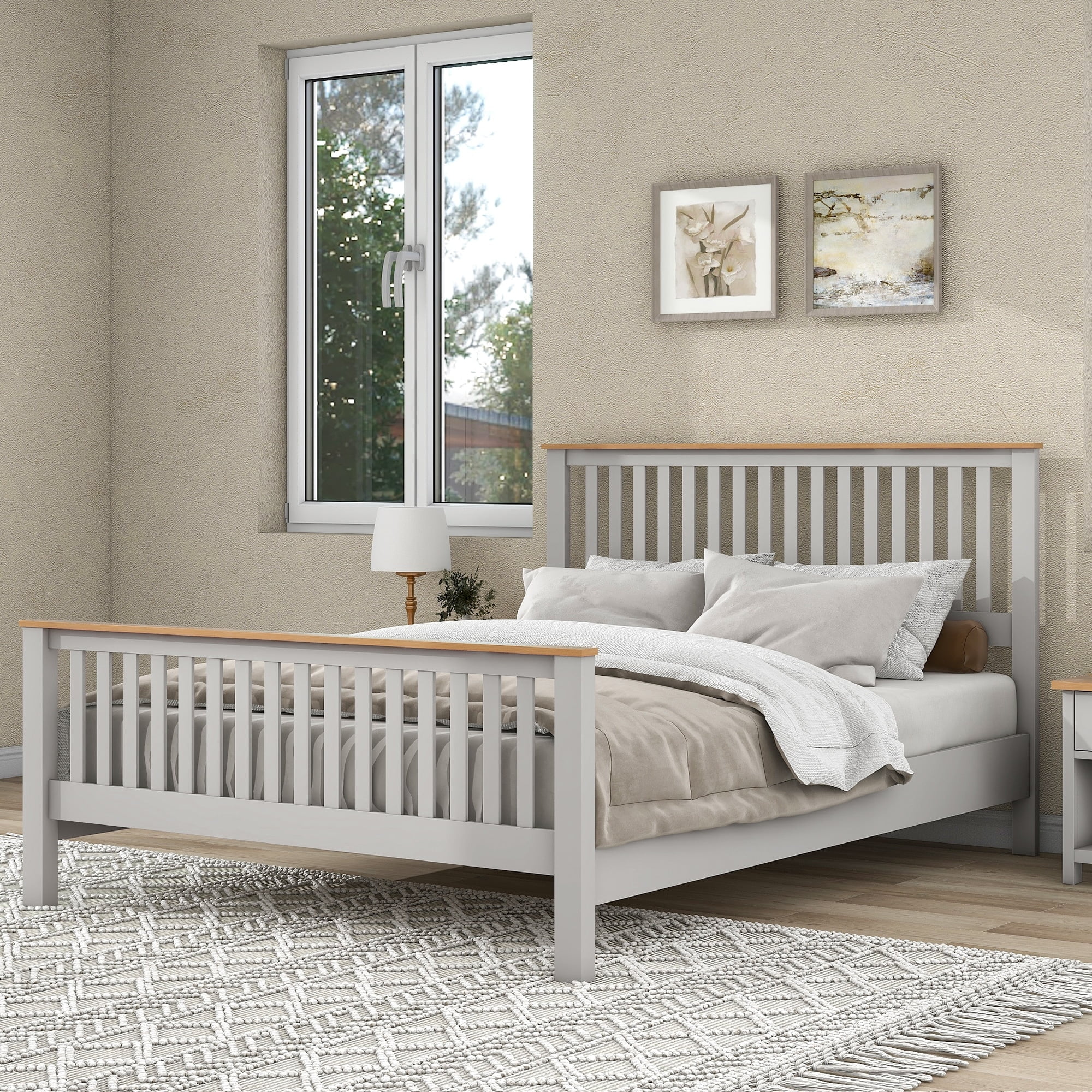 Home Adores, Inc. Devane Solid Platform Bed with Oak Top Grey/Brown - Queen