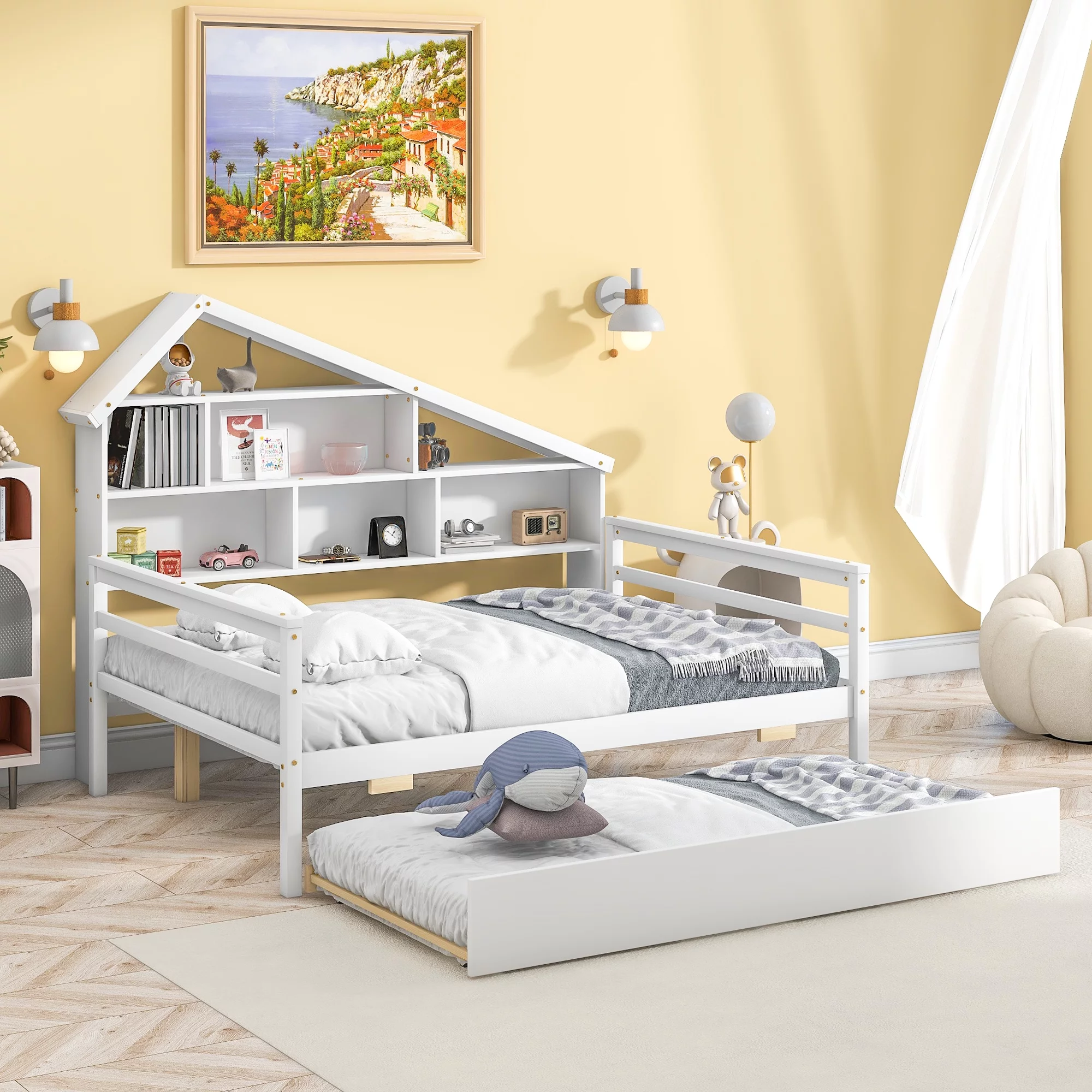 Wood Full Size House Daybed with Storage Shelf and Trundle for Bedroom, White