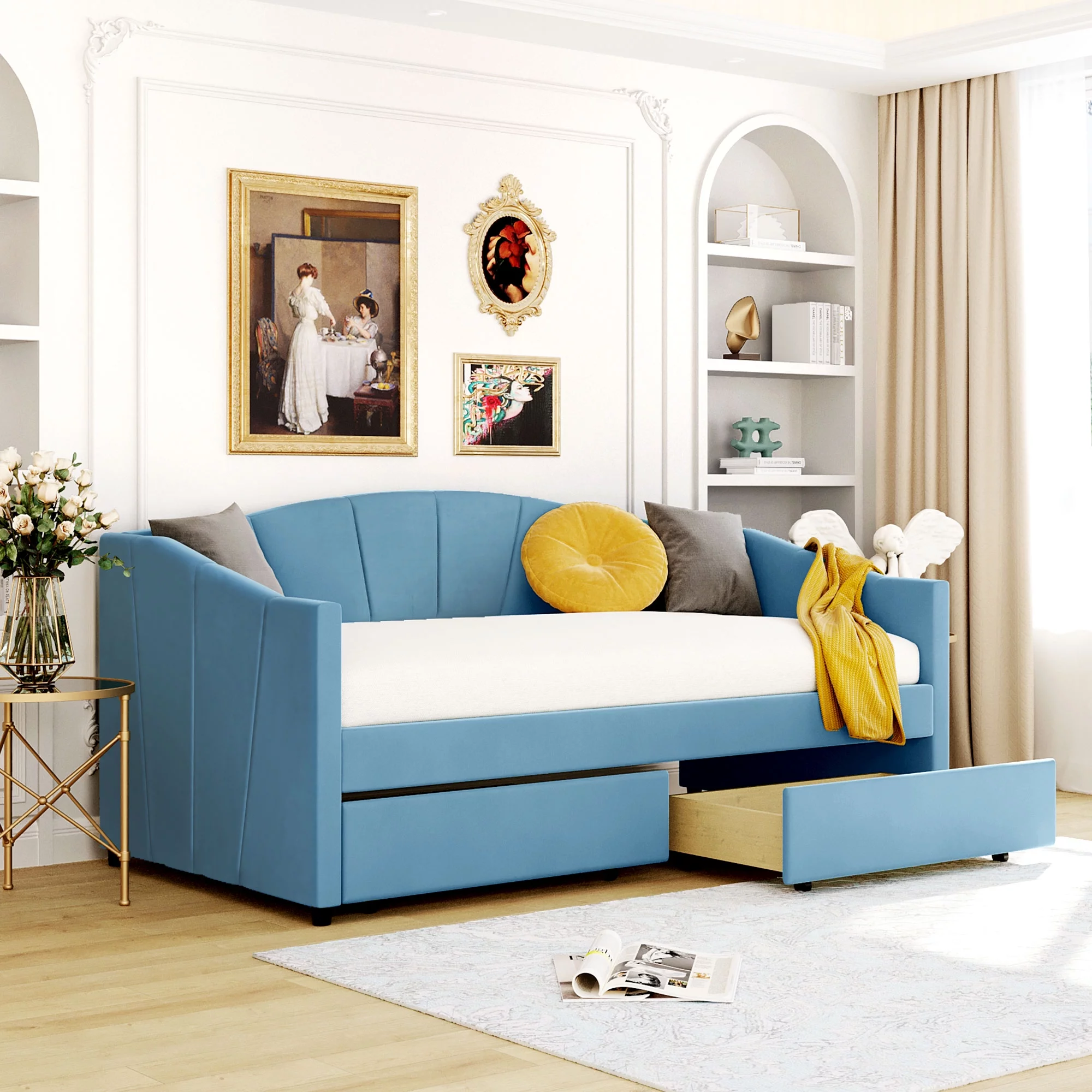 Royard Oaktree Twin Size Upholstered Daybed with Two Drawers Modern Velvet Sofa Bed with Wood Slat for Living Room Bedroom, No Box Spring Needed, Blue