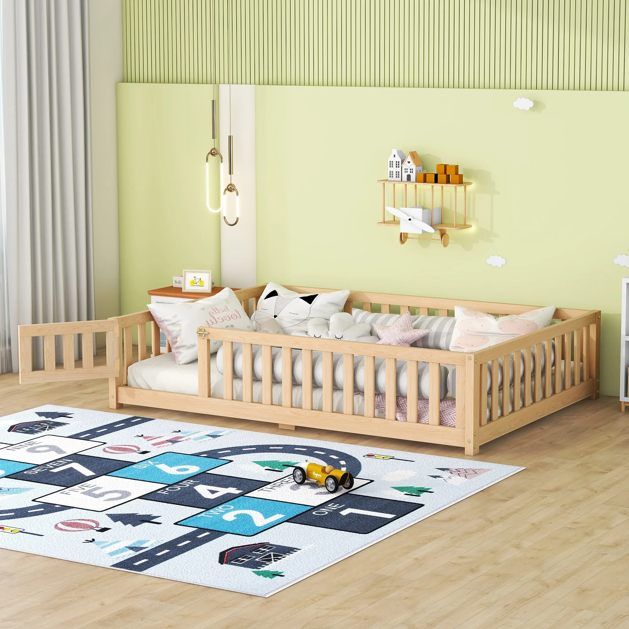 Full Size Bed Floor Bed with Safety Guardrails and Door for Kids, Natural (Expect Arrival Date Nov.20th)